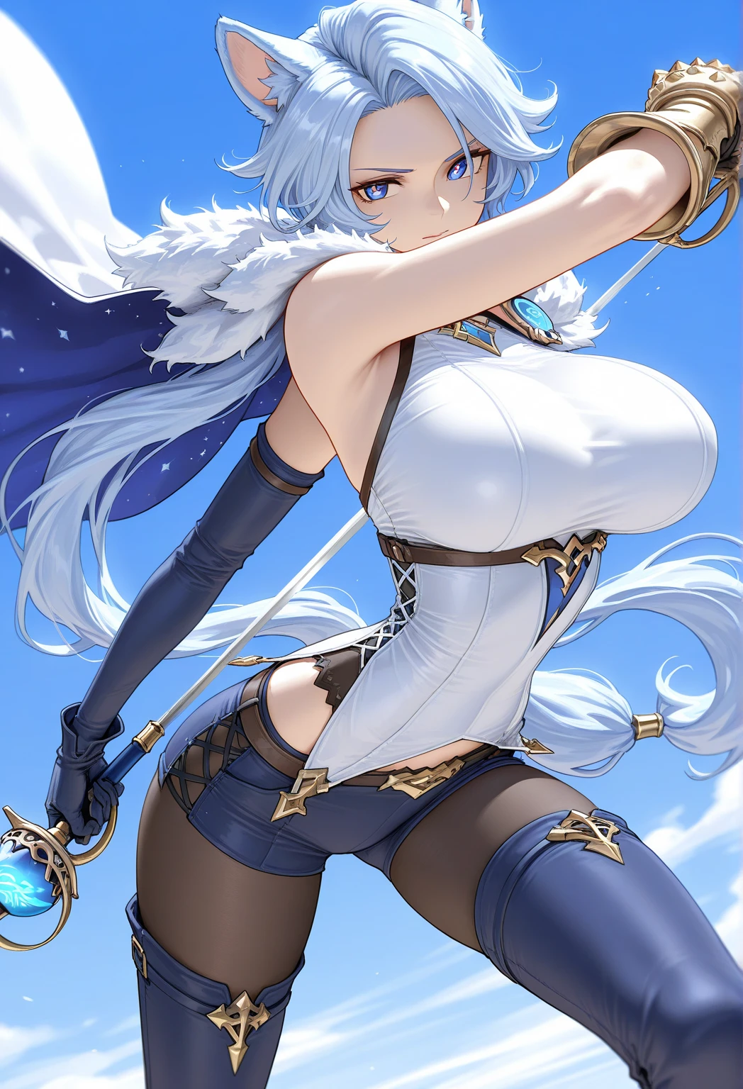 Tyreen , big fat body, white hair,blue eyes,two-tone hair, dark skin, blue left arm tattoo, scars on face:1.1, undercut, eyeshadow, eyebrow cut, makeup, hands on hips, 
TyrCoat, fingerless gloves ,sleeveless,belt,spikes,boots,pants,collar ,shirt, brown attire, Outfit adapted to her large and fat body,
standing, close up, upper body,  face, smiling,
(insanely detailed, beautiful detailed face, masterpiece, best quality)     