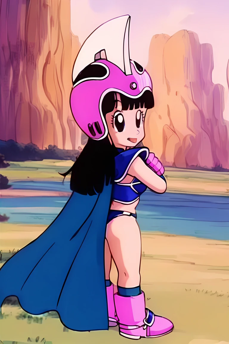 source_anime, score_9, score_8_up, score_7_up, anime screencap,8k, absurdres,
chi-chi, blue outfit, female child, 1girl, solo, looking at viewer, smile, black hair, standing, boots, outdoors, looking back, from behind, armor, black eyes, helmet, shoulder armor, pauldrons, pink footwear, pink headwear, pink gloves, 1980s \(style\), anime coloring, grass, blue choker, eyelashes, green armwear, body