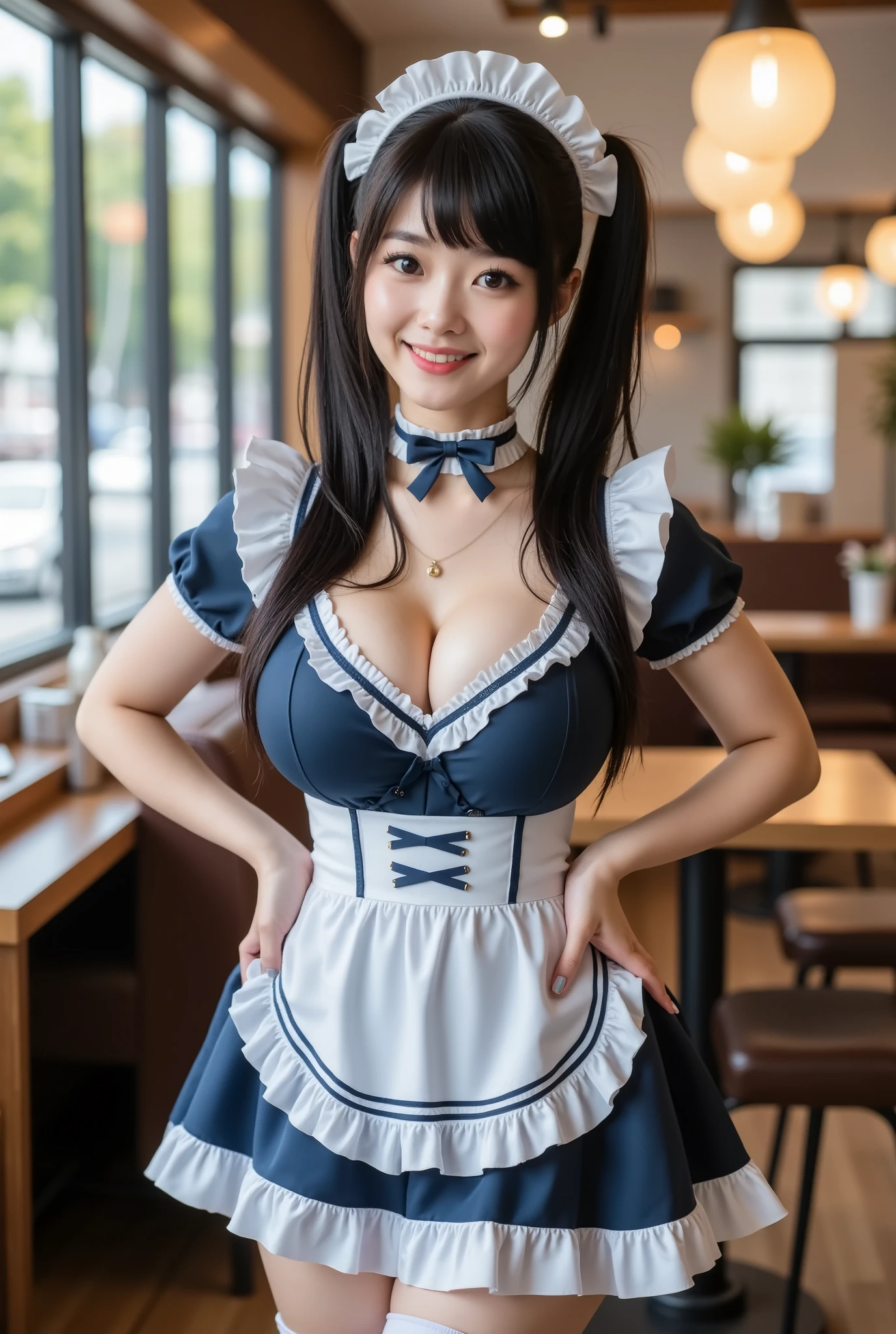 (Score_9, Score_8 up, Score_7 up, Very detailed, Detailed, Highest quality, Ultra high quality, Highest resolution), Petite very young Japanese woman, happy smiling face, detailed facial description, detailed eye description, large eyes with double eyelids, thick lips, black hair, black pupils, thick legs, (((large breasts, cleavage visible))), Woman standing in a cafe wearing a navy blue maid outfit with ruffled skirt, (((leaning forward to reveal cleavage))), ((detailed description of maid outfit, wearing white knee-high socks))), Very fantastical, depth of field photo, blunt bangs in pigtails, looking at viewer.