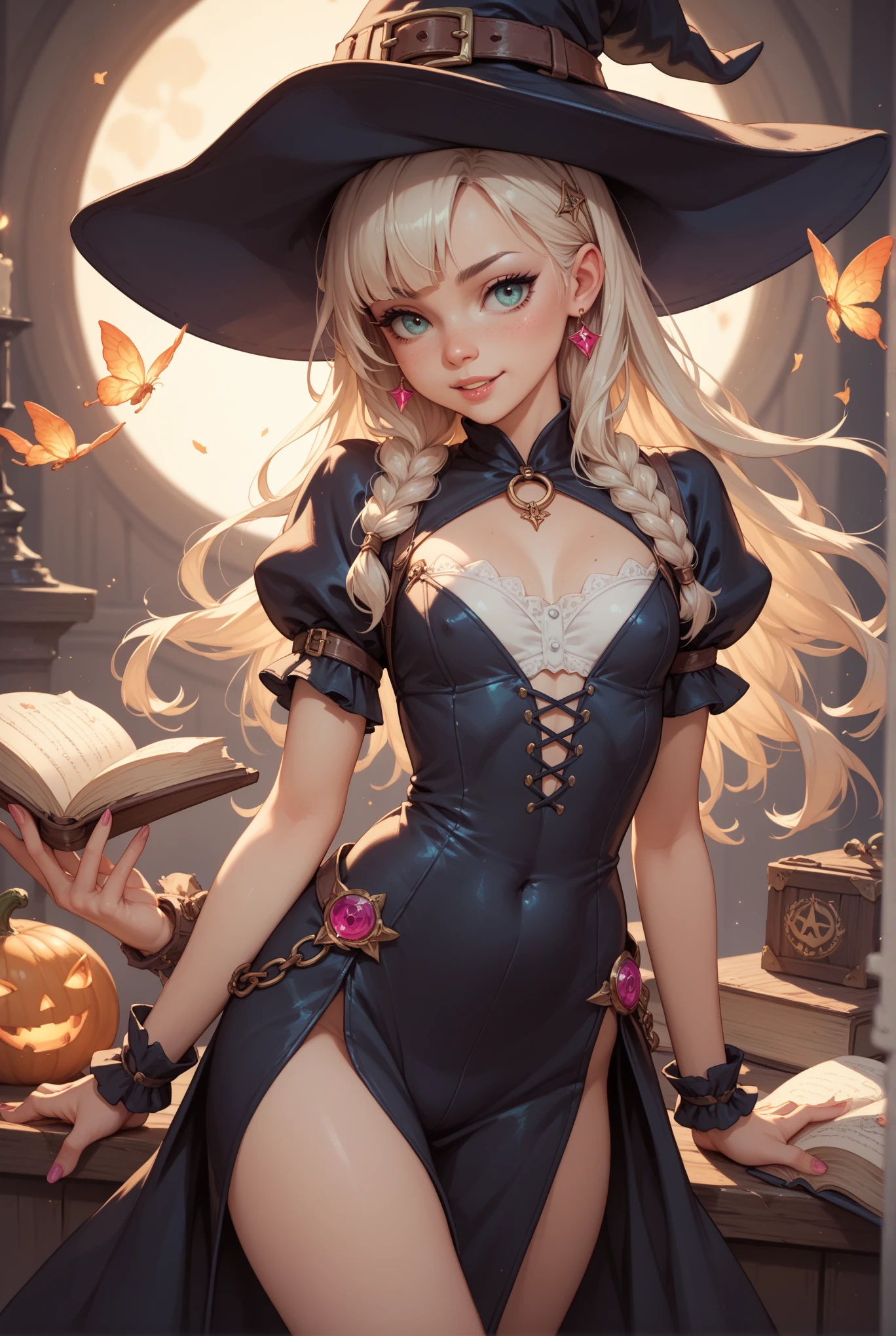Children's book illustration, hyper detailed airbrush by pino daeni, Macro photography of a very cute, very beautiful and charming halloween fairy with expressive eyes, perfect face, standing on a branch, cute, Shape A (short erotic halloween fairy outfit), legs apart, looking at the viewer, holding a pumpkin in her hands, halloween fairy wings behind her back, outside starry night, moon, night, mansion with ghosts, conceptual art, pastel by Arthur Rackham on silk, strybk, james jean, Brian Froud, Miho Hirano, Neimy Kanani, Aykut Aydo du, ultra high quality model, perfect eyes, white-blue eyes, Rembrandt lighting style, hand negative
