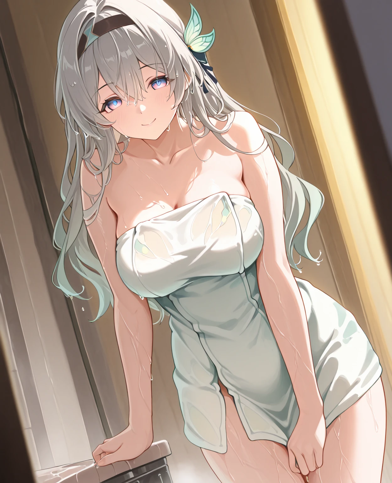 nsfw,1girl,pale hair,Cleavage,sideboob,pallid,pale colors,pale eyes,masterpiece,best quality,very aesthetic,absurdres,blue eyes,nightgown,pupil,shiny hair,shiny skin,seductive smile,naughty face,come hither,(breasts),standing,vneck