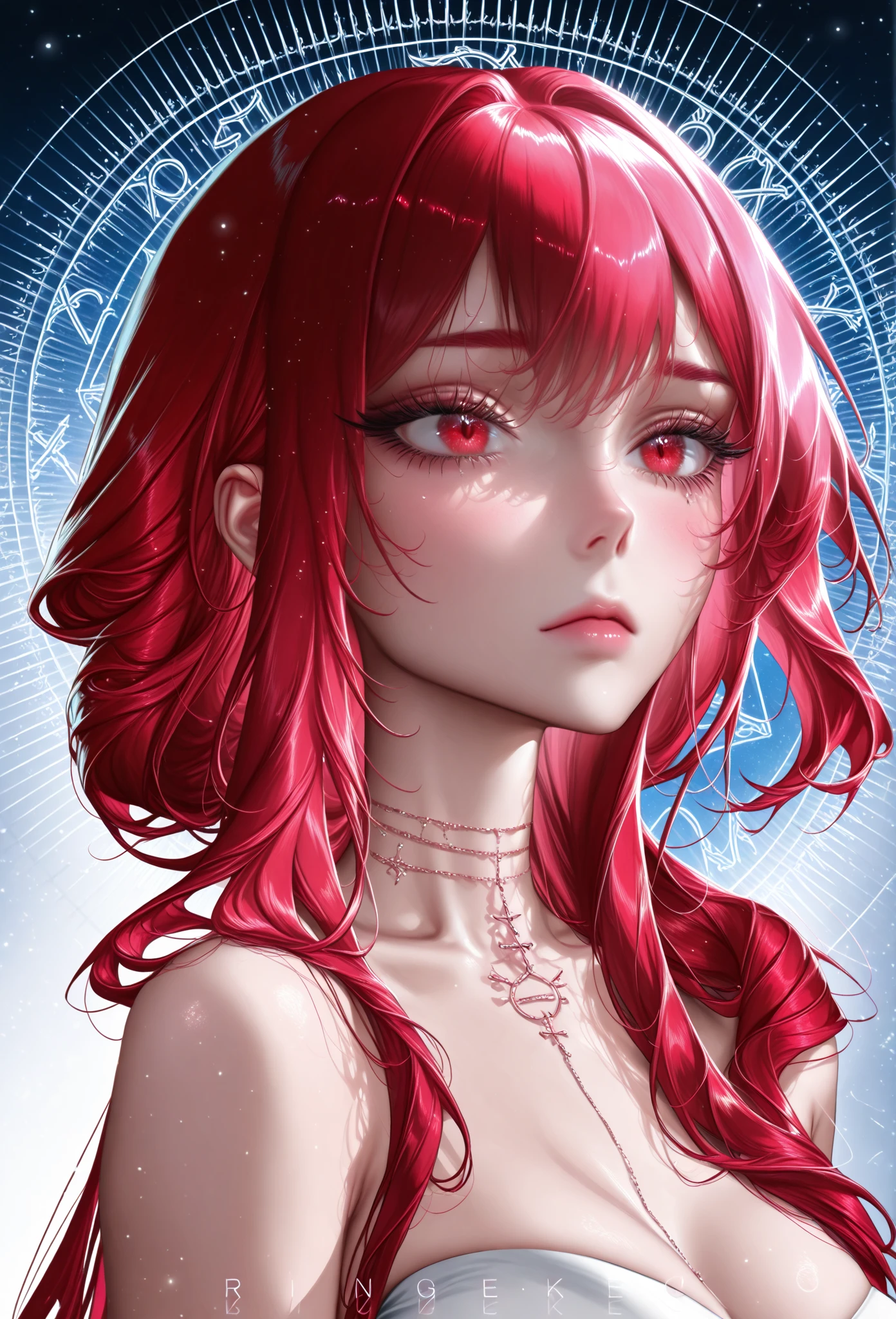 1girl,  spiral eyes (masterpiece), best quality, highly detailed face, dark background, tits, bare tits, big boobs, (SHARP details), 4k, highly detailed, expressive eyes, SHARP detail expressive eyes, (SHARP detail perfect face), (cat ears), cat girl),maroon red hair,(shiny peach lipstick) (pink eyes), long hair, detailed face, large breasts, long eyelashes, mature, (smirk, closed lips, big plump lips, eyeshadow) shiny skin, beautiful eyes,(detailed eyes, sharp eyes, clear pupils:0.8), blunt bangs, wispy bangs, naughty look, cleavage, pink theme, cutest face