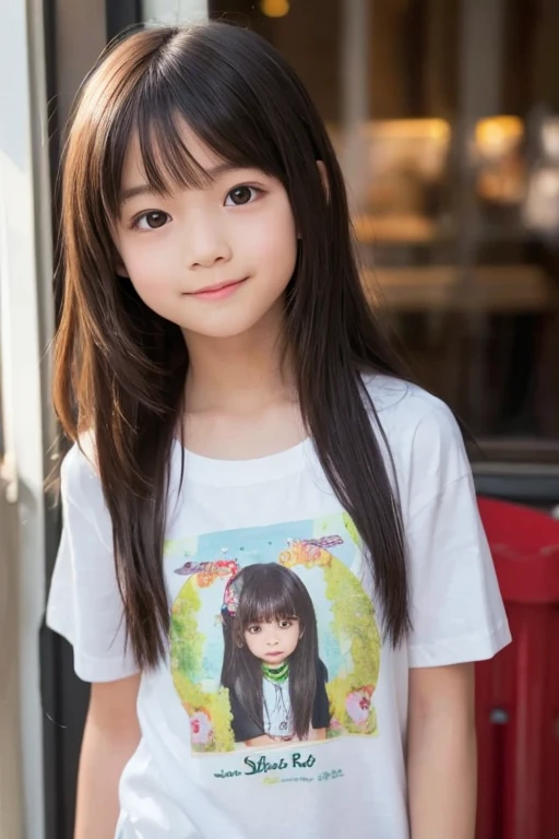 8k,Japanese,9 years old,Innocent face,Teenage Girl,cute,Random color plain t-shirt,Casual wear,Sitting,Black Hair,garden,Hair Clip,