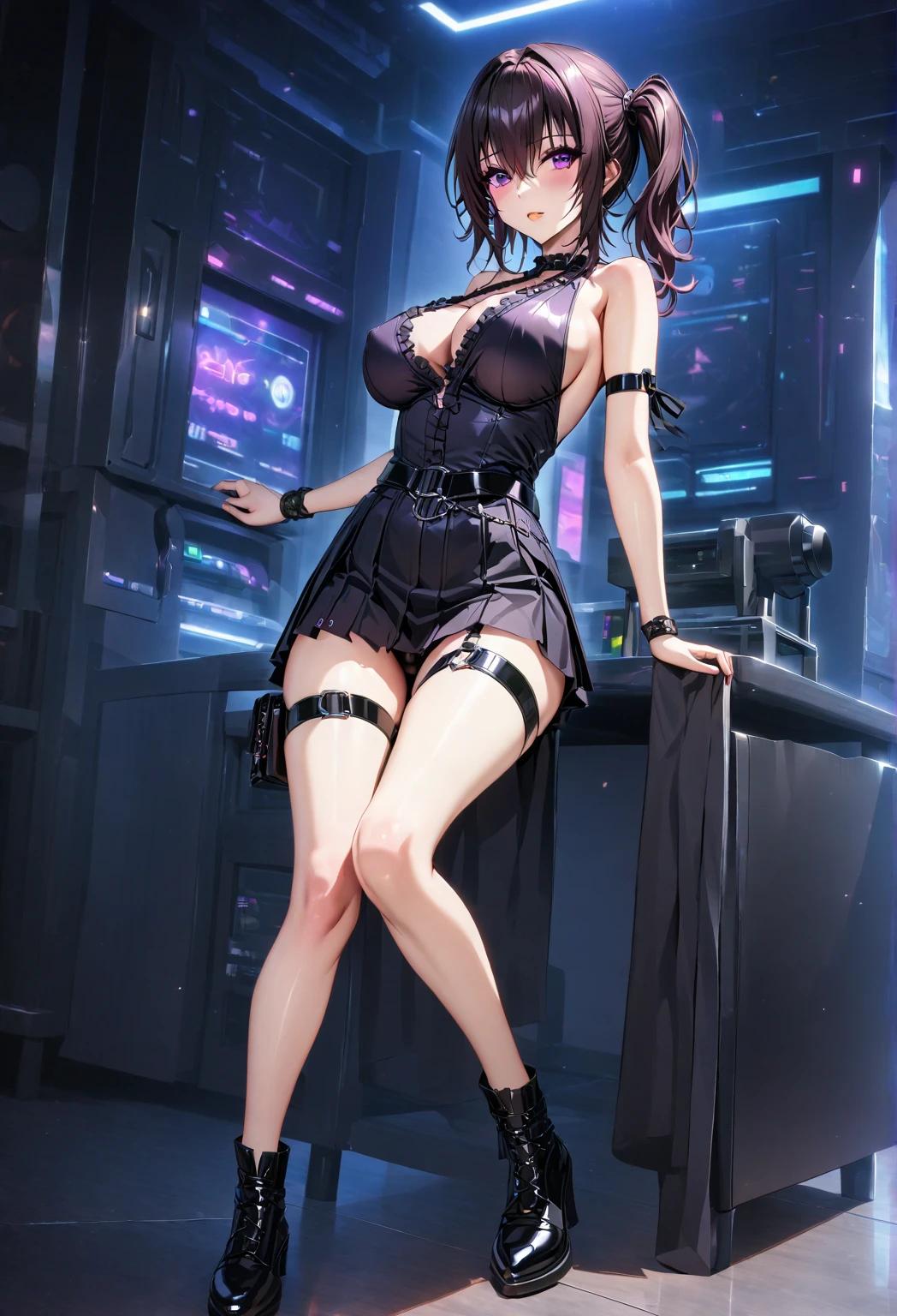 In the plane, Female flight attendant, standing, Tray in hand:1.2), (tight fit clothes:1.2), (Tight white vest:1.4), (Wear a white vest over a naked body:1.1), (Delicate white lingerie miniskirt1.4), (Wear a purple kilt with big breasts over pantyhose),(Love print on vest), (Hang the neckline:1.2), bare shoulders​, Plump big breasts，Perfect body slim curves，