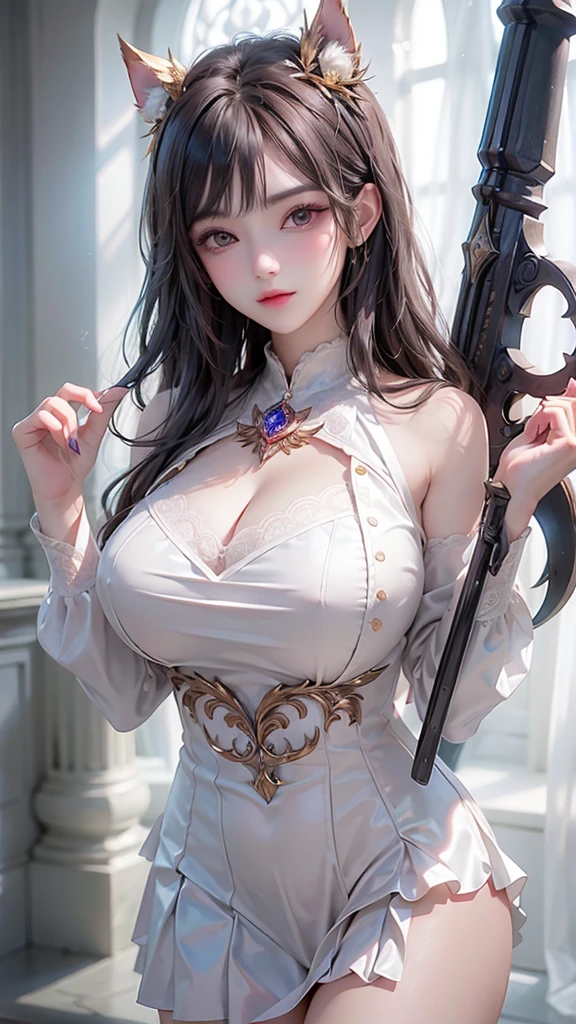 Close-up of a beautiful bride in a beautiful wedding dress, Gurvetz,（ pillory：1.5）, Flail on the head, Flail on the hands, Flail,(Bridal veil: 1.5), (Short transparent veil: 1.5), Flushed face, Head flower, head gear, (Tubular wedding dress: 1.5), (Silk dress: 1.2 ), (Strapless wedding dress: 1.5), Pure white dress, necklace, Earrings, (Huge breasts: 1.3), Deep V heart collar wedding dress, bangs, lipstick, (Lace gloves: 1.3), Full body photo, High detail RAW color art, a white long skirt, Whole body, with hands behind her back, and floor-length skirts,