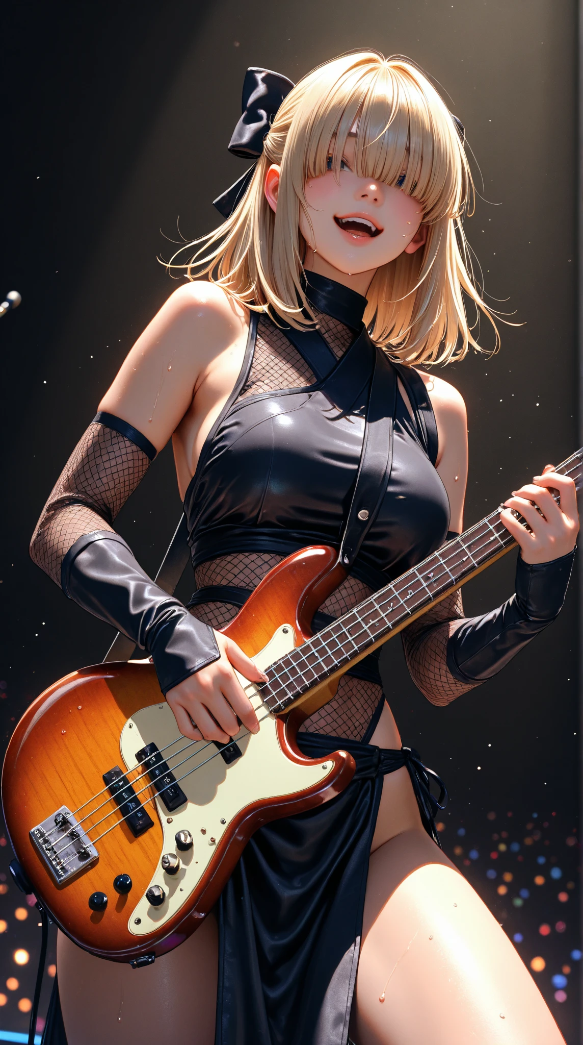 ((masterpiece, Highest quality, High resolution)), ((Highly detailed CG integrated 8K wallpaper)), (Huge and stunning goddess shot, Very hot and sexy, Incredible beauty, Perfect Proportions, Beautiful body, Slim body beauty:1.1), Woman with a blue guitar and a torn shirt, Dreaming Rock Girl, holding silver Electric guitar, play the guitar, holding Electric guitar, Portrait of a woman like Leor, Shaggy blonde hair, Sweat splashes, Cleavage, holding Electric guitar, holding Electric guitar, Electric guitar, Electric guitar, Promotional photo shoot, Lockout, On a dark live stage,
