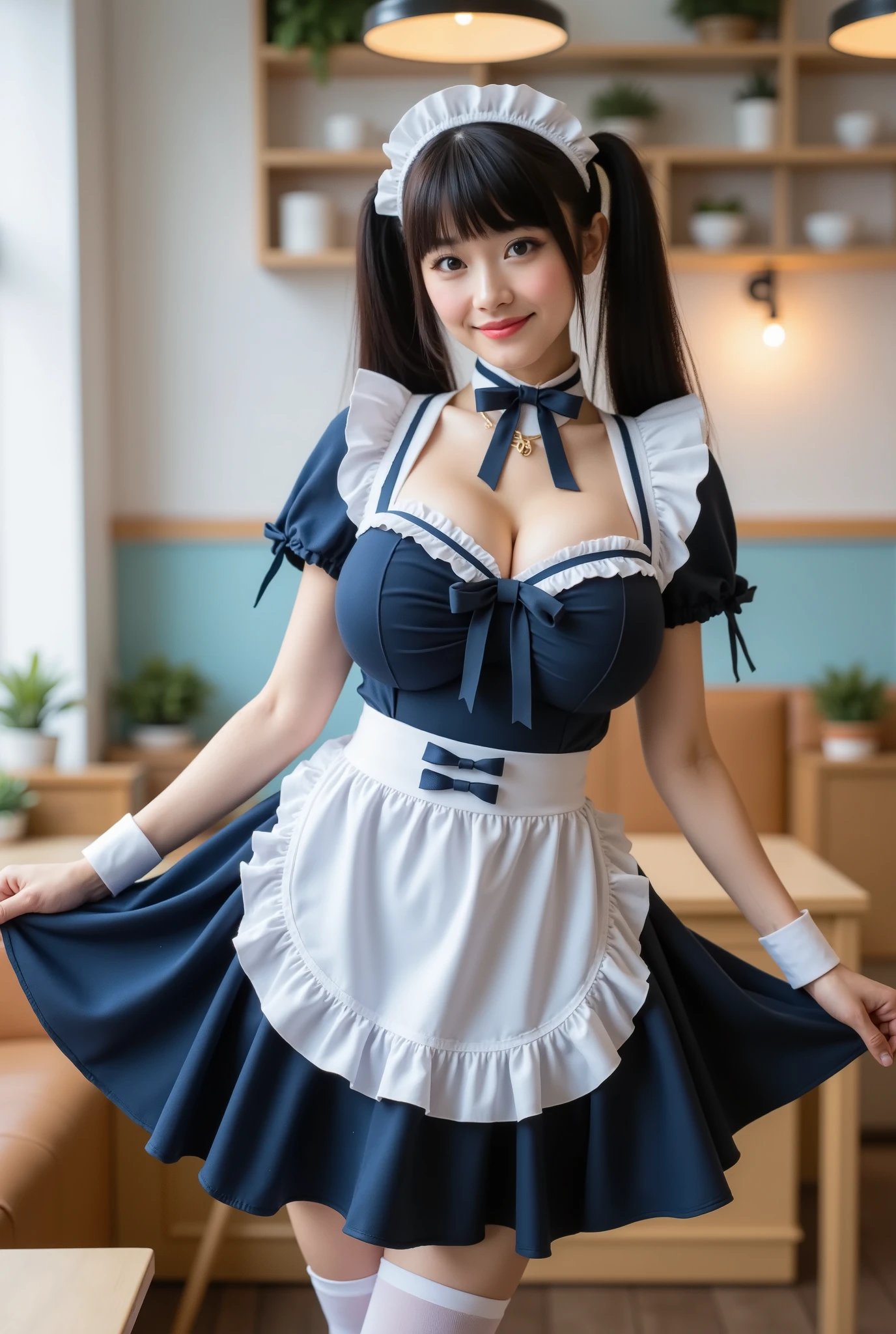 (Score_9, Score_8 up, Score_7 up, Very detailed, Detailed, Highest quality, Ultra high quality, Highest resolution), Petite very young Japanese woman, happy smiling face, detailed facial description, detailed eye description, large eyes with double eyelids, thick lips, black hair, black pupils, thick legs, (((large breasts, cleavage visible))), Woman standing in a cafe wearing a navy blue maid outfit with ruffled skirt, (((bending over to bring face closer to viewer, leaning forward to expose cleavage))), ((detailed description of maid outfit, wearing white knee-high socks))), Very fantastical, depth of field photo, blunt bangs in pigtails, looking at viewer.
