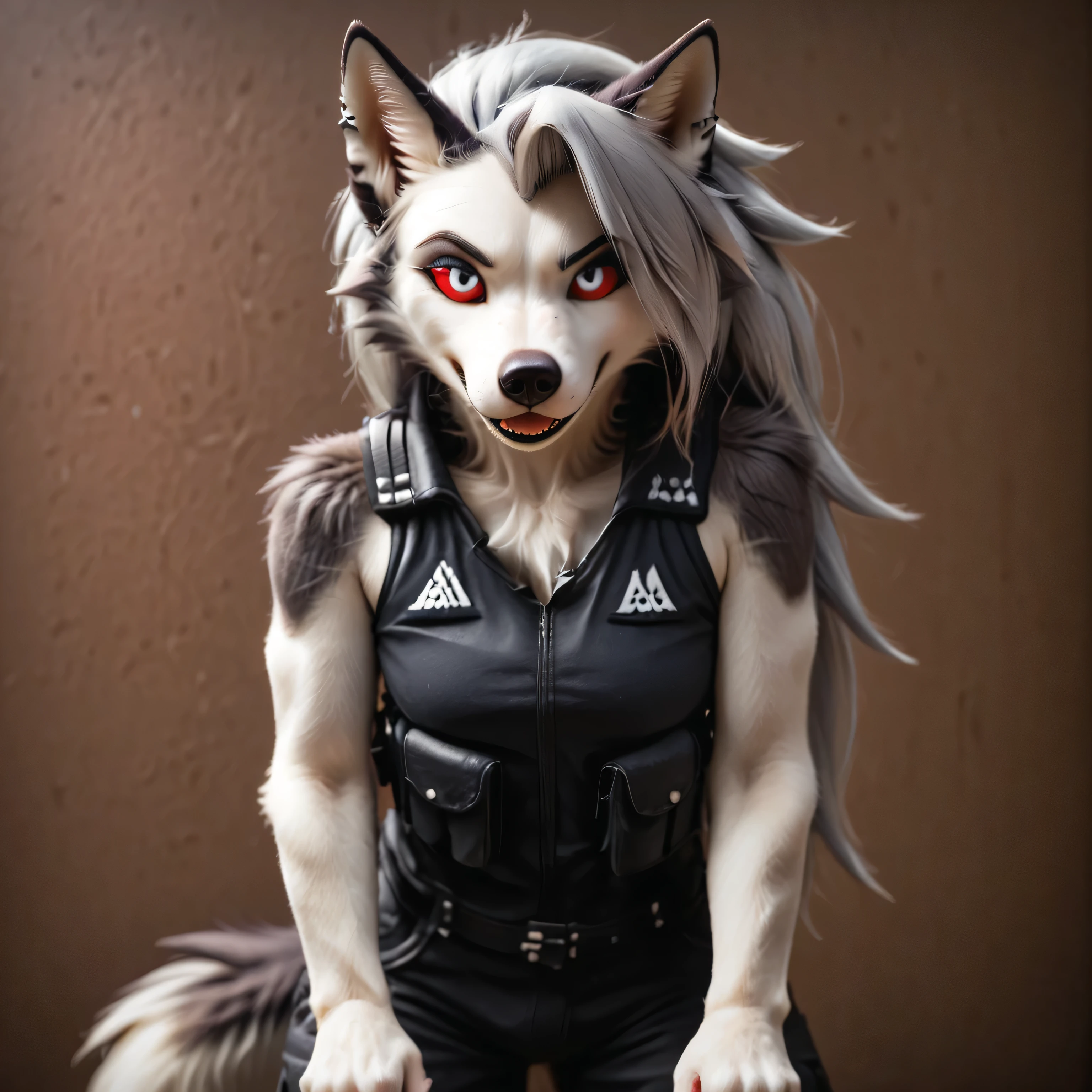 Loona, furry, fluffy tail, solo, dressed in a tactical jumpsuit, black tactical vest with multiple pockets, holding a P90 in hands, front view, high-range shot, ultrahigh details, ultra-realistic photo, two-tone fur, gray fur, anthro, wolf girl, animal nose, wolf tail, red sclera, white iris, canine teeth, bangs, absurd res, detailed skin, detailed hair, extremely detailed, sharp focus, sharp details, 8k, P90,