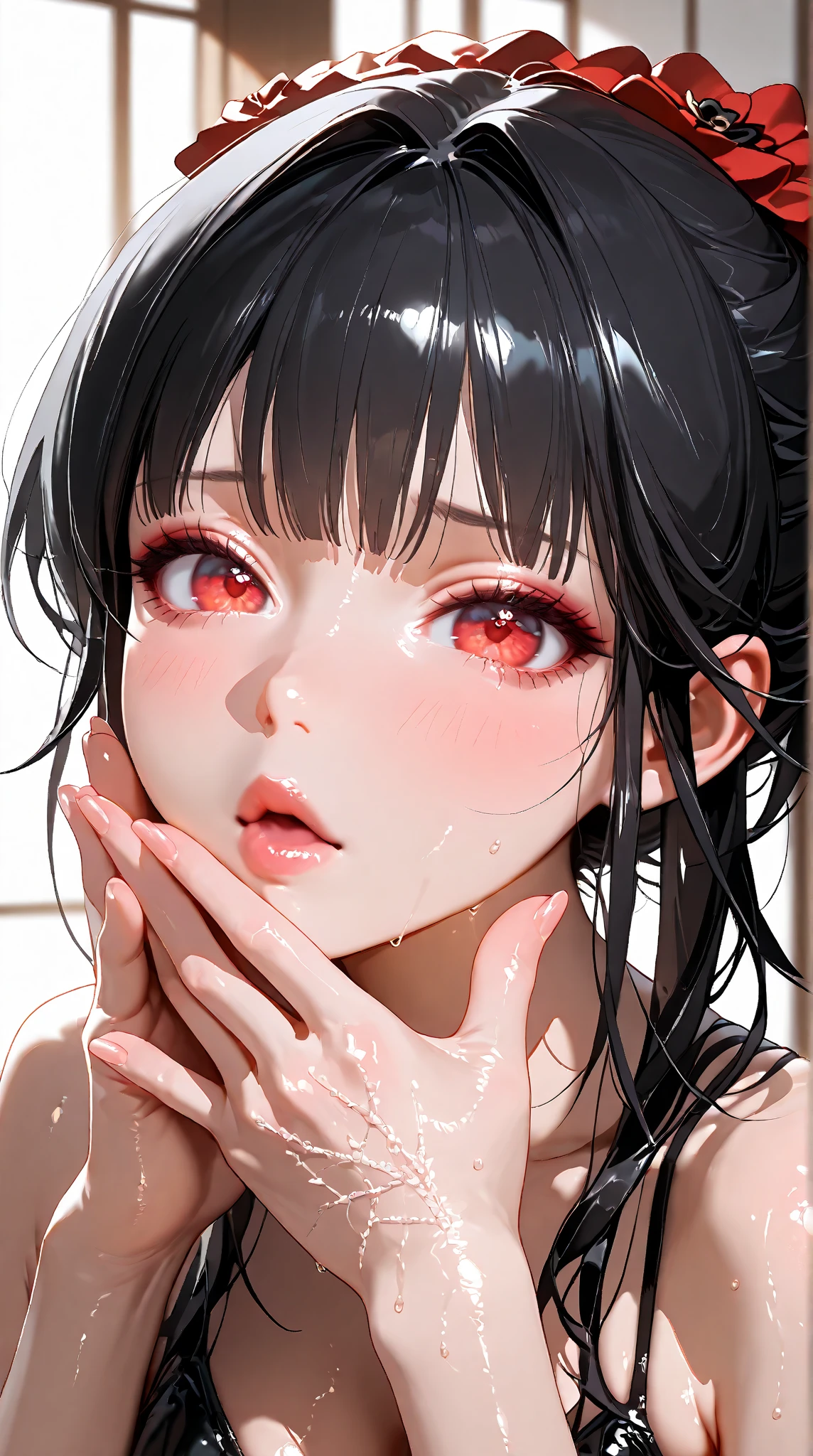 (masterpiece:1.2、Highest quality、masterpiece)、1 female、(Beauty:1.2),alone、classroom、Day、stand、,(Diamond Necklace),Black Hair,(Bangs,Disheveled Hair:1.2)、Red eyes、(Completely naked:1.4)、(Whitening:1.4)、Big Breasts、Ring Earrings、Princess Tiara,lipstick、Sweaty、Round 1、blush、(Face close-up:1.4),(Cum on face and hair:1.5)