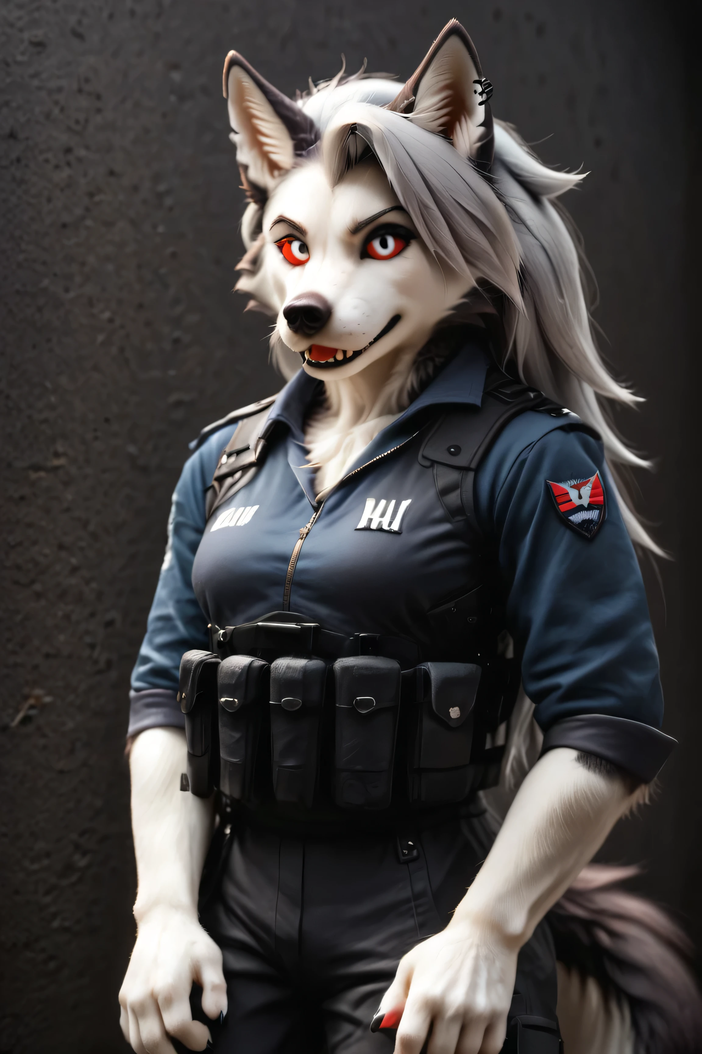 Loona, furry, fluffy tail, solo,tactical jumpsuit, black tactical vest with multiple pockets, holding P90 in hands, front view, high-range shot, ultrahigh details, ultra-realistic photo, two-tone fur, gray fur, anthro, wolf girl, animal nose, wolf tail, red sclera, white iris, canine teeth, bangs, absurd res, detailed skin, detailed hair, extremely detailed, sharp focus, sharp details, 8k, P90,