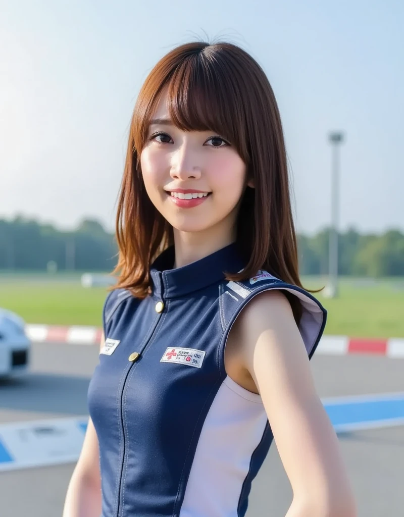 8K, masutepiece, Best Quality, photographrealistic, Ultra-detailed, 1 girl, Asian, athletic bodies, Realistic skin texture, Long hair, (breasts:1.0), (Smile:1.0), gazing at viewer, (Form Fitting Car Racing Suit), (No helmet), Movie Lighting, Face Focus, Fine eyes, Detailed face, Bright face, day light, Red racing car on background