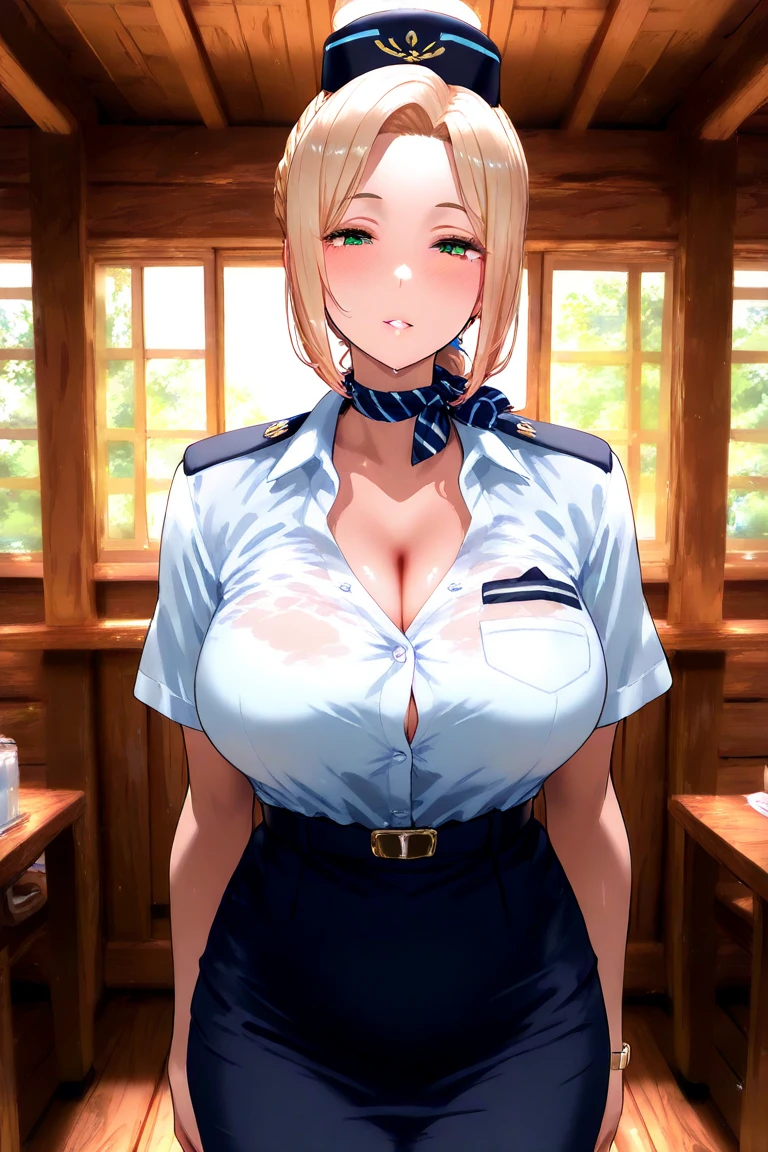 POV、(((Chest exposed from disheveled uniform)))、Nipples protruding from the bra、((((sexually seducing))))、((((Sit and spread your legs))))、((a blond))、beautiful  Girl、Large beautiful breasts、cleavage of the breast、A slender、オマンコ、((covered in cum))、(((s Office)))
