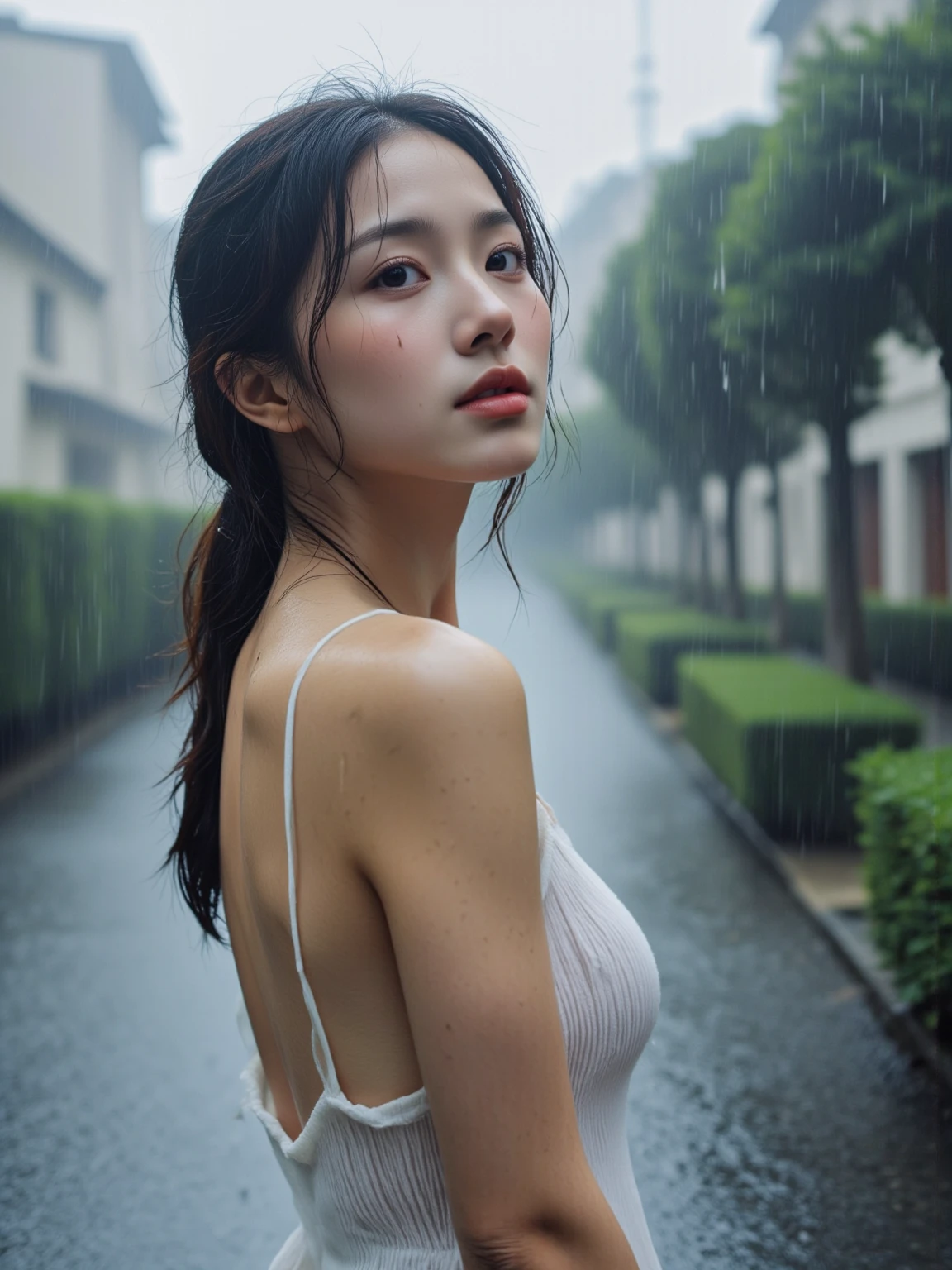 (((best quality))),(((ultra detailed))),(((masterpiece))),illustration,1girl, young,solo, slim,thin,short ponytail,((bare back,towering hips,butt crack)),strapless white tank top,shorts,standing,rainy night, heavy rain, drenched clothes, melancholy expression, solitude, tear rolling down cheek, wet hair, empty streets, dimly lit, deserted environment, sound of rain, footsteps, symbol of hope, abandoned, resilience, determination, walking in rain, heartbreak, loss, love fading, loneliness, body language, facial expression, dreary atmosphere, rain-soaked streets, somber mood, viewer engagement,((upper body,from back)),urban scape