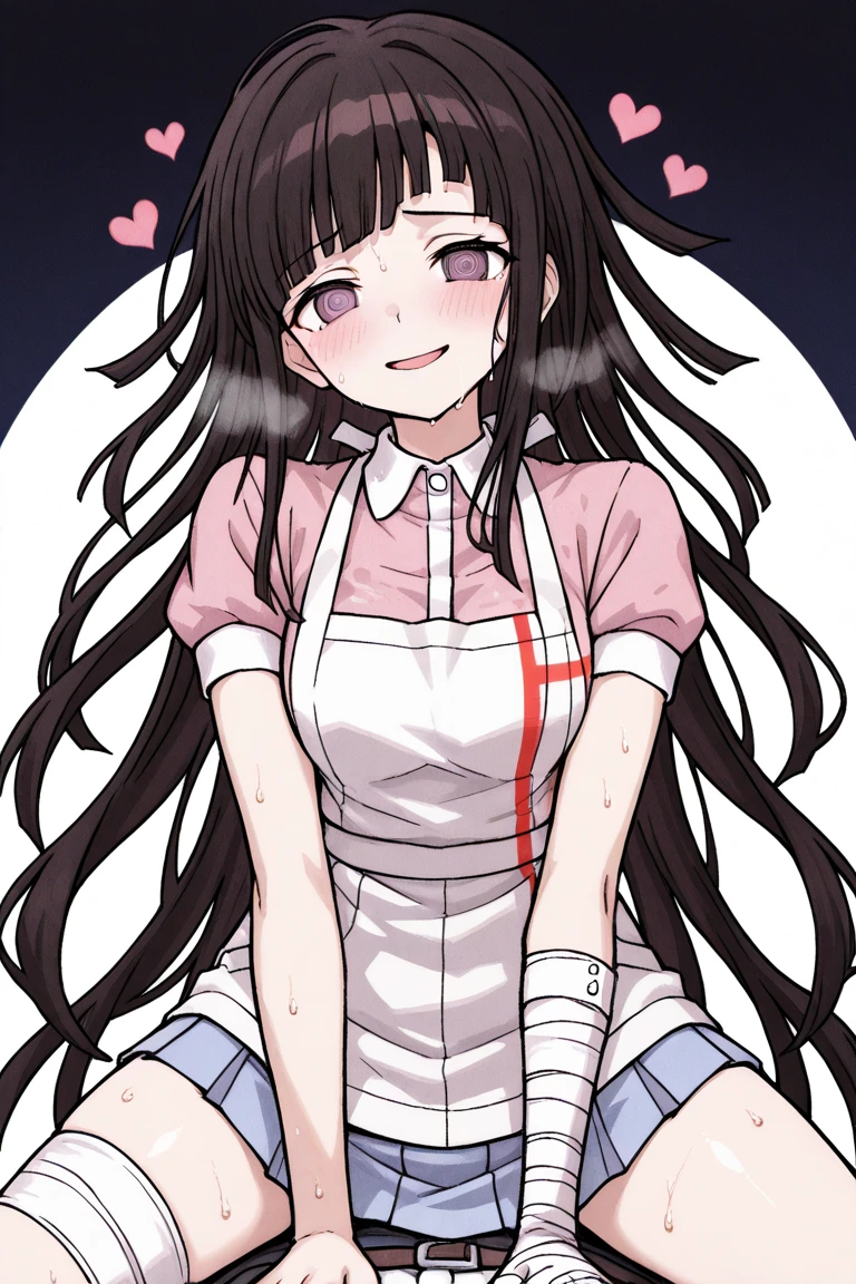 <lora:MikanDG:1>, 1girl, solo, messy hair, bandages, apron, shirt, short sleeves, bandaged leg, puffy sleeves, pink shirt, official style, blue skirt, smile, puffy short sleeves, pleated skirt, bandaged arm, white apron, collared shirt, classroom, yandere, (pink blood:1.2),