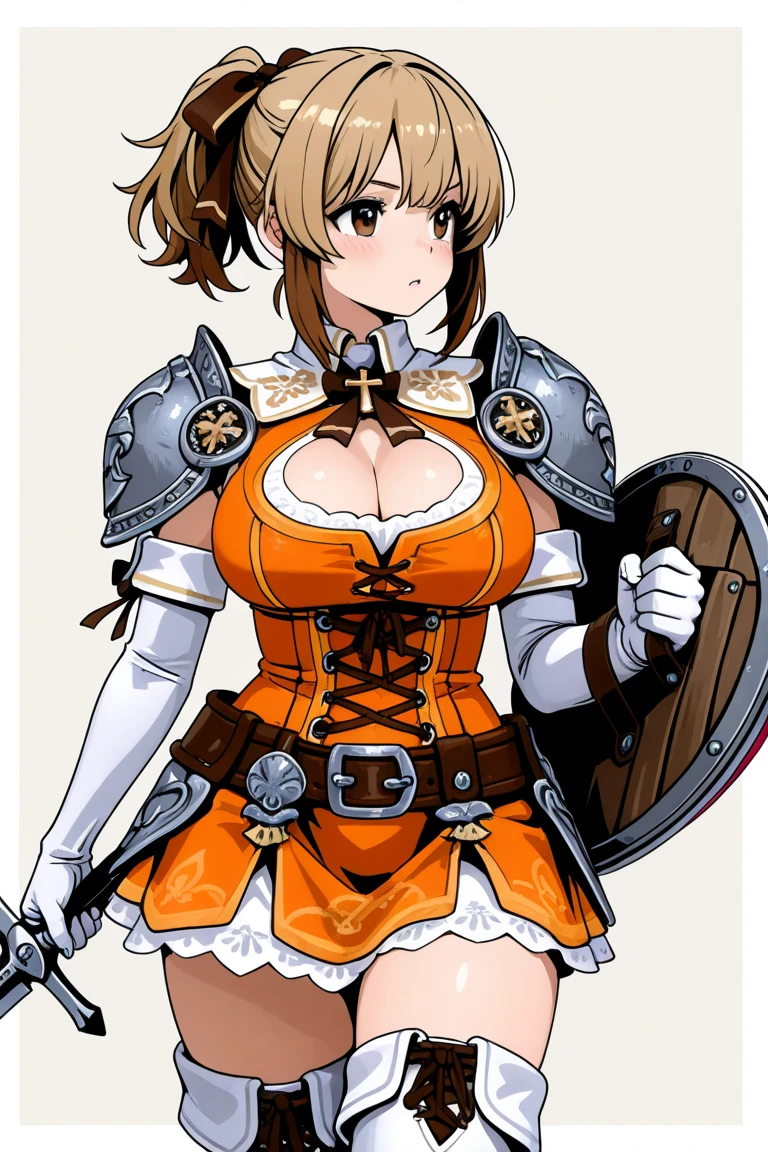 "(masterpiece:1.1), best quality,
1girl, (80s anime style:1.3), (eyelashes:1.5), (loli:1.2),
(intricate high detailed body:1.2),
red hair,
(forehead, short blunt bangs:1.1), (twintails, drill hair:1.1), (crown:1.2),
purple eyes, (lip stick:1.4),
(gigantic breasts:1.5),
(expressionless:1.2), open mouth,
(fishnet leotard armor, navel cutout, tattoo:1.2),
(knight armor, armored boots, capelet:1.2), (ribbon:1.1), (streaked hair:1.2), hand cuffs,
standing, crossed arms,
(upper body, cowboy shot, looking at viewer, from front:1.1),
(daytime, woods, grassland, outdoors:1.1)"