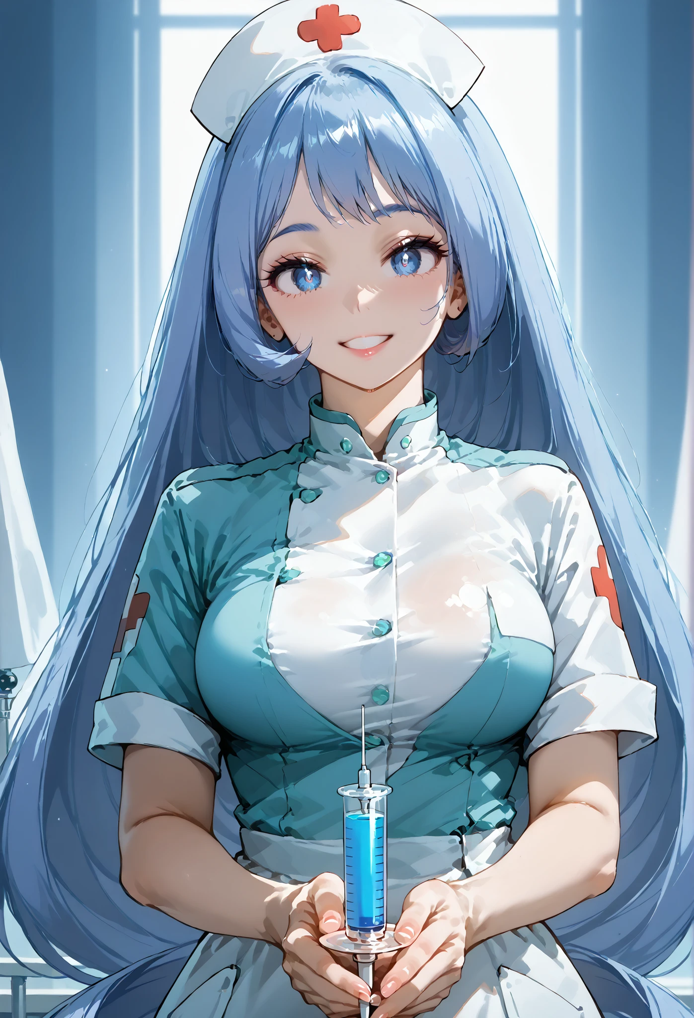 score_9, score_8_up, score_7_up, source_anime, 4K,perfect fingers,(perfect hands, perfect anatomy),prefect lighting, very aesthetic, intricate details,highly detailed background, masterpiece, high quality, best quality,
nejirehadou, nejire hadou, blue eyes, blue hair, long hair, large breasts,,
yandere, nurse,nurse,Hold the syringe ,Dark Eyes,
