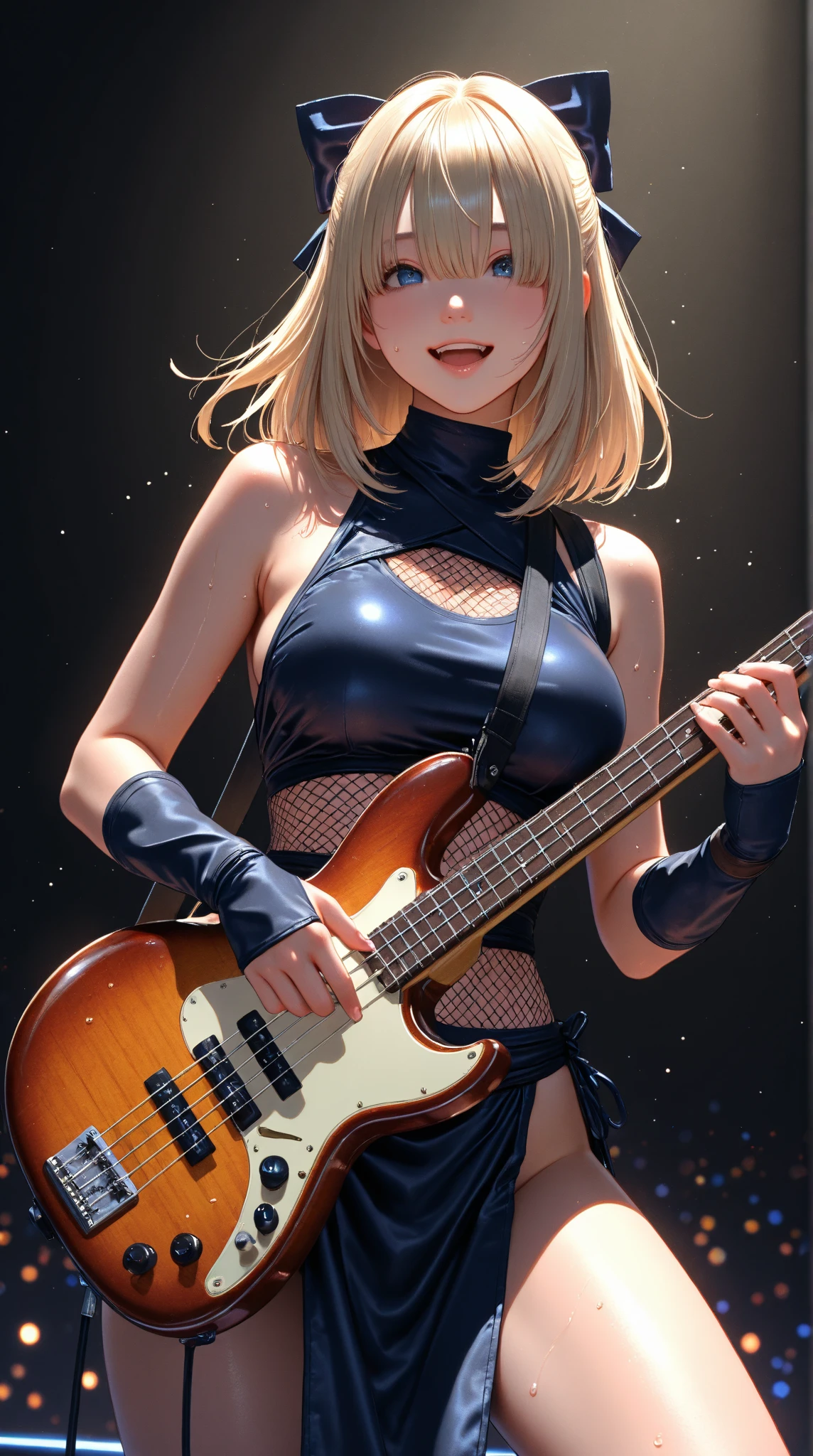 (highest quality:1.2, Very detailed, up to date, Vibrant, Ultra-high resolution, High Contrast, masterpiece:1.2, highest quality, Best aesthetics), Portraiture、girl、slim, stage、performance、Rock Music、Bright colors、Beautiful fine details、Beautiful lip detail、extra short hair, ((wavy hair:1.3))、messy hair, blonde and blue ((streaked hair:1.5)), highlights hair: 1.3, middium breast, (tan skin:1.3), Music band、(powerful pose:1)、Concert Light、Edgy Style、black tank top、Dynamic Movement、hypnotic sounds、Stadium、amplifier、Loud music、Electric bass、((playing bass:1.3)), Fender bass, (mike stand:1), Powerful vocals、Passionate performance、Sparkling stage、Concert atmosphere、Music Festival、Full of emotion、Rock star attitude、Resolute expression、Avid Fan、The presence of an attractive stage、 Expressive gestures、Rock star aura、An exciting atmosphere、Sing with all your heart、An unforgettable show, ((full body:1.5)),