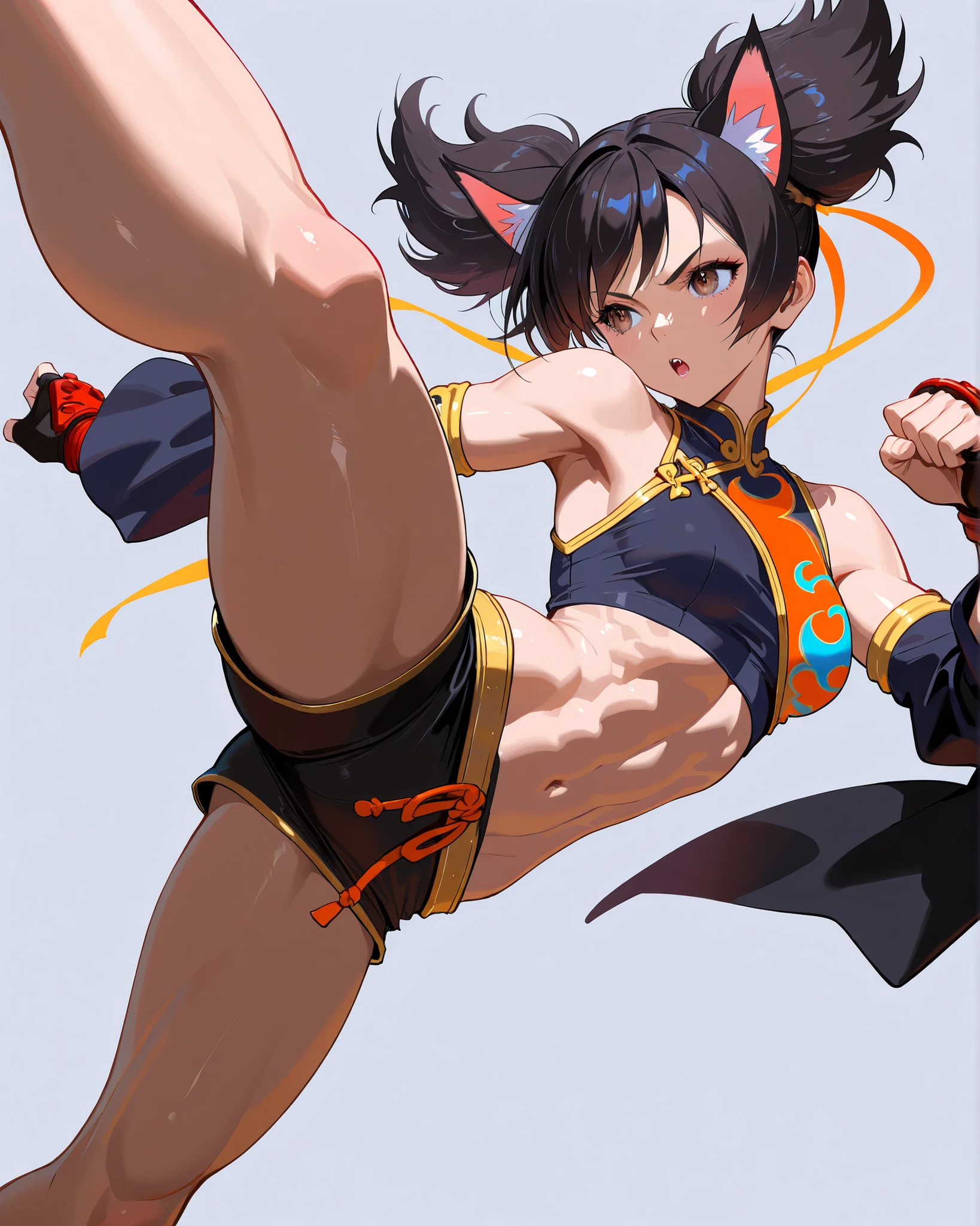 masterpiece,top quality,Super Detailed、high definition、8K Quality、Simple Background、Adult, toned body、Fantasy world clothes,、short pants、Fight motion、shirt、Animal ears、Black line、Combat style、Dynamic、confront the enemy、Barefoot、Sharp Claws、 kimono、Street Fighter、High kick