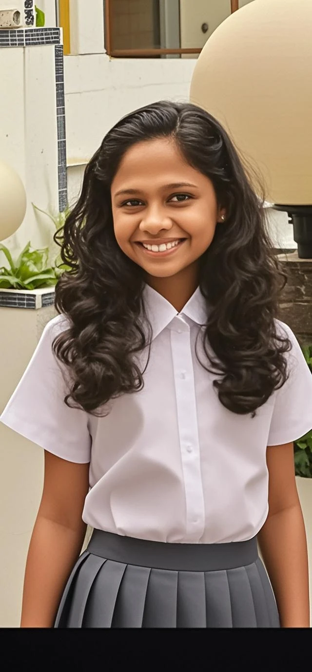 Teenage girl with dark skin and long black hair. big tooths, humor. eyes browns, thick eyebrow, fine nose. commoner clothes. Daggers on the belt.