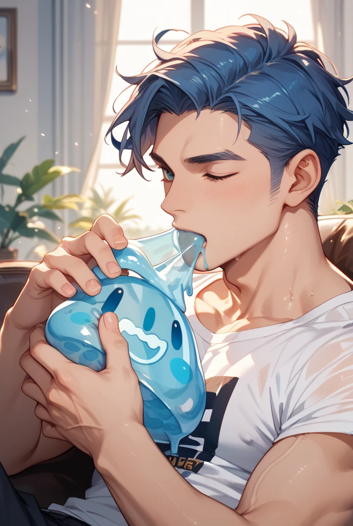 Gamer boy drinking juice box dark hair