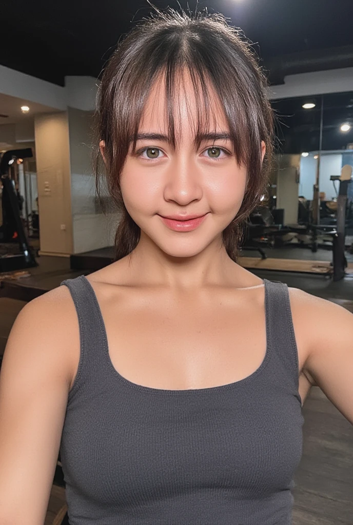 A cute girl age 26 ((women)) portraitwearing nike black bra perfect face, georgious eyes sharp eyebrows,large breasts,fit body, Realistic murals,skin zehragunes,Smile 512 plain silver gradient background , glowing skin bright light