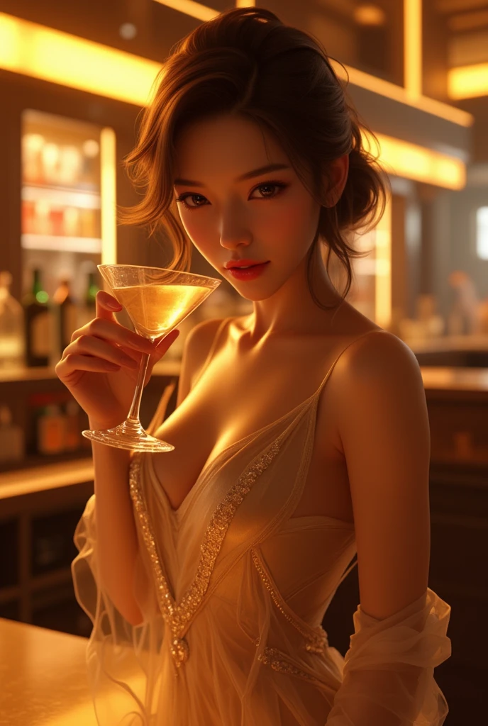 Portrait of Abigail: Attractive woman with updo, sitting at the bar in a nightclub. This masterpiece is of the highest quality, Very detailed, Best for 8k HDR wallpapers. Featuring cinematic lighting with sharp focus and exquisite detail.