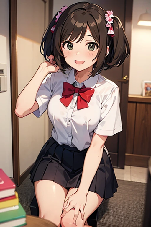 {Highest quality}, {Super beautiful},{Ultra fine},{Best illustration},Brown Hair,Hime cut,semi-long,Bangs,Standing Woman,Uniform cap,White Shirt,Short sleeve,Long black skirt,Night Park,Embarrassed,smilingly,Blushing,Slender women, A woman wearing plain black pumps,Bare feet and pumps,From an angle,From above,Place hands on hips,slouch