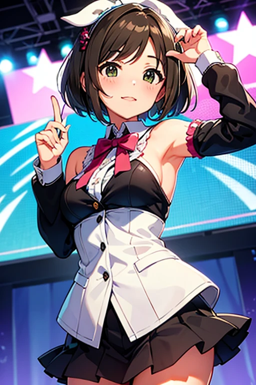 brown eyes, tan, tanlines, one-piece tan, hair ornament, brown hair, hair ornament, solo, fang, hair bobbles, short hair. two side up,, (large breasts:1.5), live stage, 11years old nipple blazer uniform, Blazer skirt, alone,