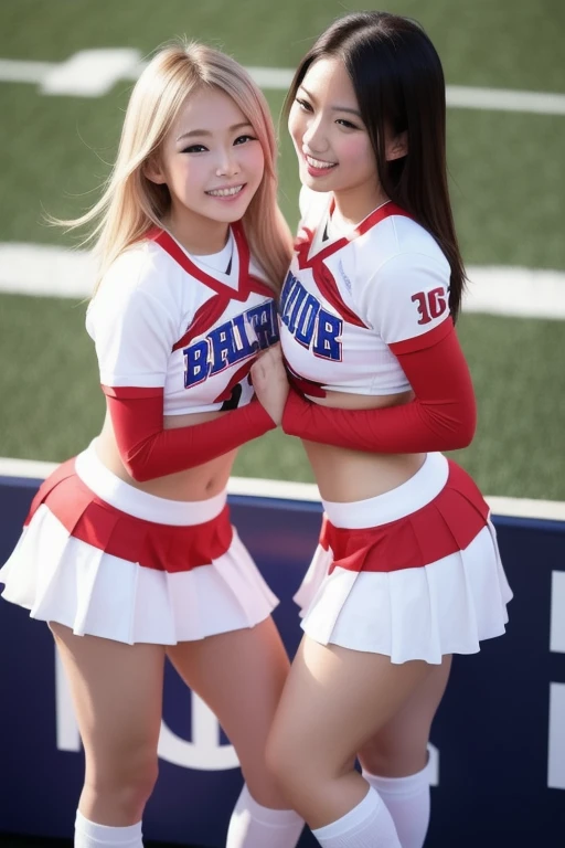 4 girls, a group of 4 girls, cheerleaders, provocative uniforms, clear lighting, local quadra, in a square, just them.