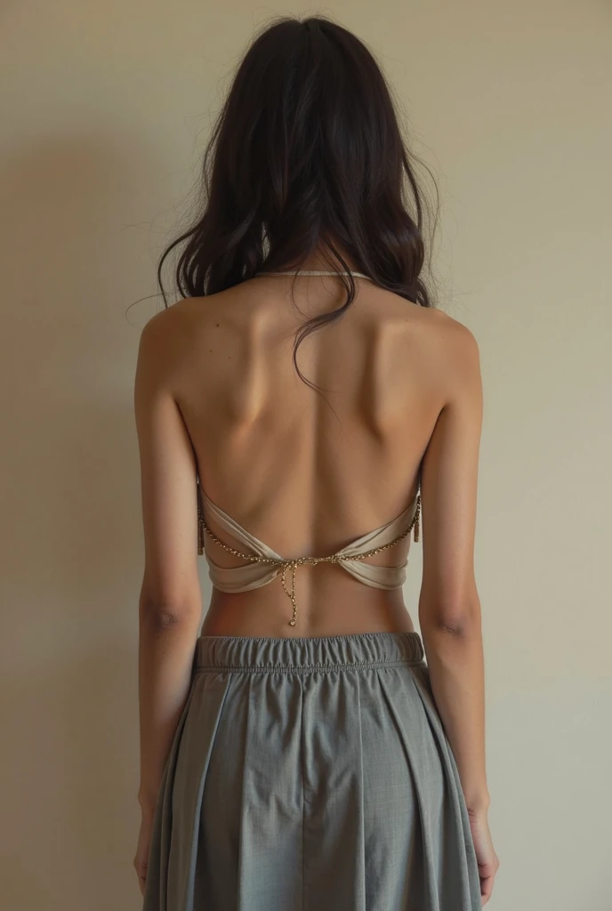 هناك امرأة ترتدي ثوباً أبيضاً وقلادة من Pearl, Exposed waist, Glass ball on the waist, Close up to skinny, Pearl and gold chains, قلادة Pearl, The smallest eyebrow ever, Pearl, Mid-fire waist up, her belly button is exposed, Slim waist, gold and Pearl, Small waist, Pearl and chains
