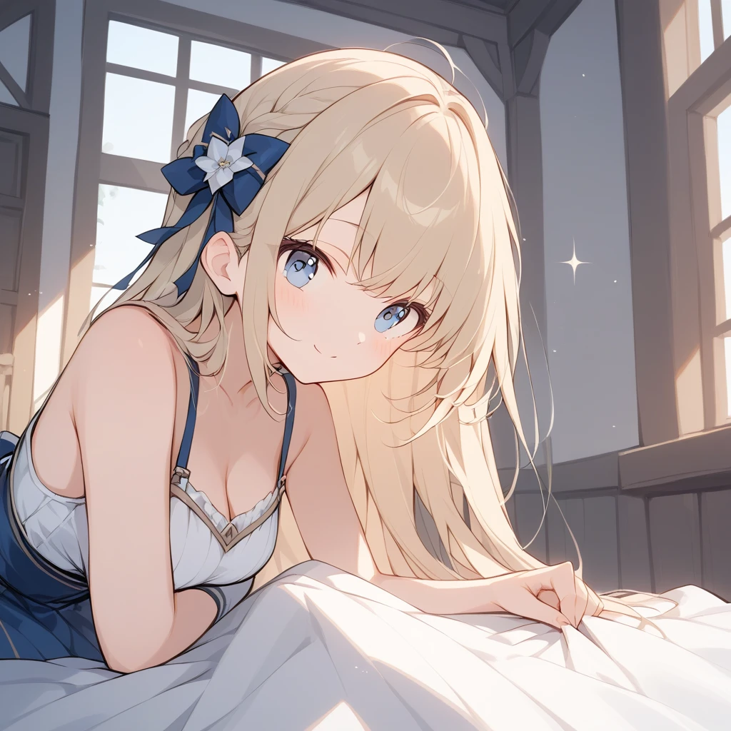 masterpiece, highest quality, Very detailed, 16k, Ultra-high resolution、1 girl aged 13, Detailed face、Perfect Fingers, blue eyes, Blonde, Braid, White panties, White bra, Western-style room, futon, Lie on your back