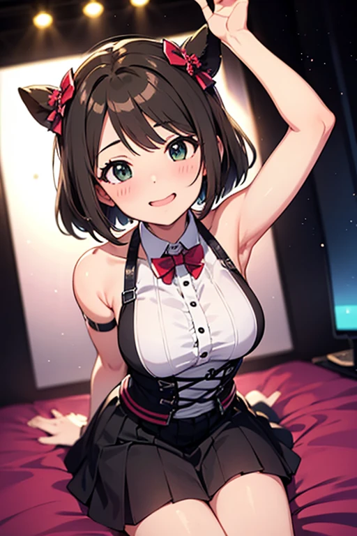 Highly detailed and realistic CG, Colorful, Masterpiece, Best Quality, jewel-like eyes, 1girl, solo, cute girl, brown hair, short hair, spiky hair, long bangs, grin, evil smile, tube top, hot pants, strapless, dark skin, big breasts, leaning forward, hand between legs, half-closed eye, boots,
