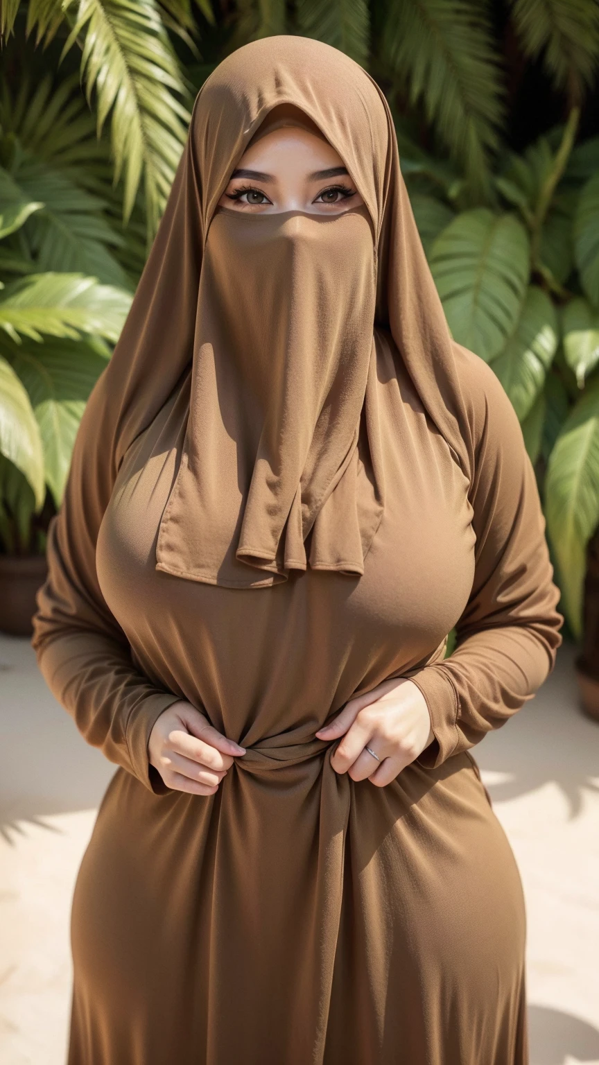 dynamic standing pose, full body photography, front view, looking at viewer, looking at audience, vaginal, POV, (wearing hijab and niqab), MILF, mature woman, voluptuous body type, hourglass figure, ample physique, defined waistline, THICC body type, thigh, muscular thigh, perspective, highly detailed, ((huge breast)), exposed breast, detailed hands, perfect hands, detailed fingers, beautiful detailed fingers, beautiful detailed eyes, brown eyes, perfect eyes, clear eyes, (((masterpiece))), ((best quality)), ((intricate detailed)), ((Hyperrealistic)), 8K, real-life precision, life-like depiction, ultra-realistic detail, unmatched realism, ((film grain, jpeg artifact, noise effect, grainy effect)), high quality, nice lighting, soft lighting, detail fingers, perfect hand, realistic, dark eyes, sexy, big breasts, thighs, wide hips, muscular, malaysia, long sleeves, Jewelry, sexy lady, asian, hijab, niqab, sexy pose, showing big thighs, nice body, natural largest breast, wearing wedding rings, hand sock, mature big body, office, sexy posing, black dress, arabic dress
