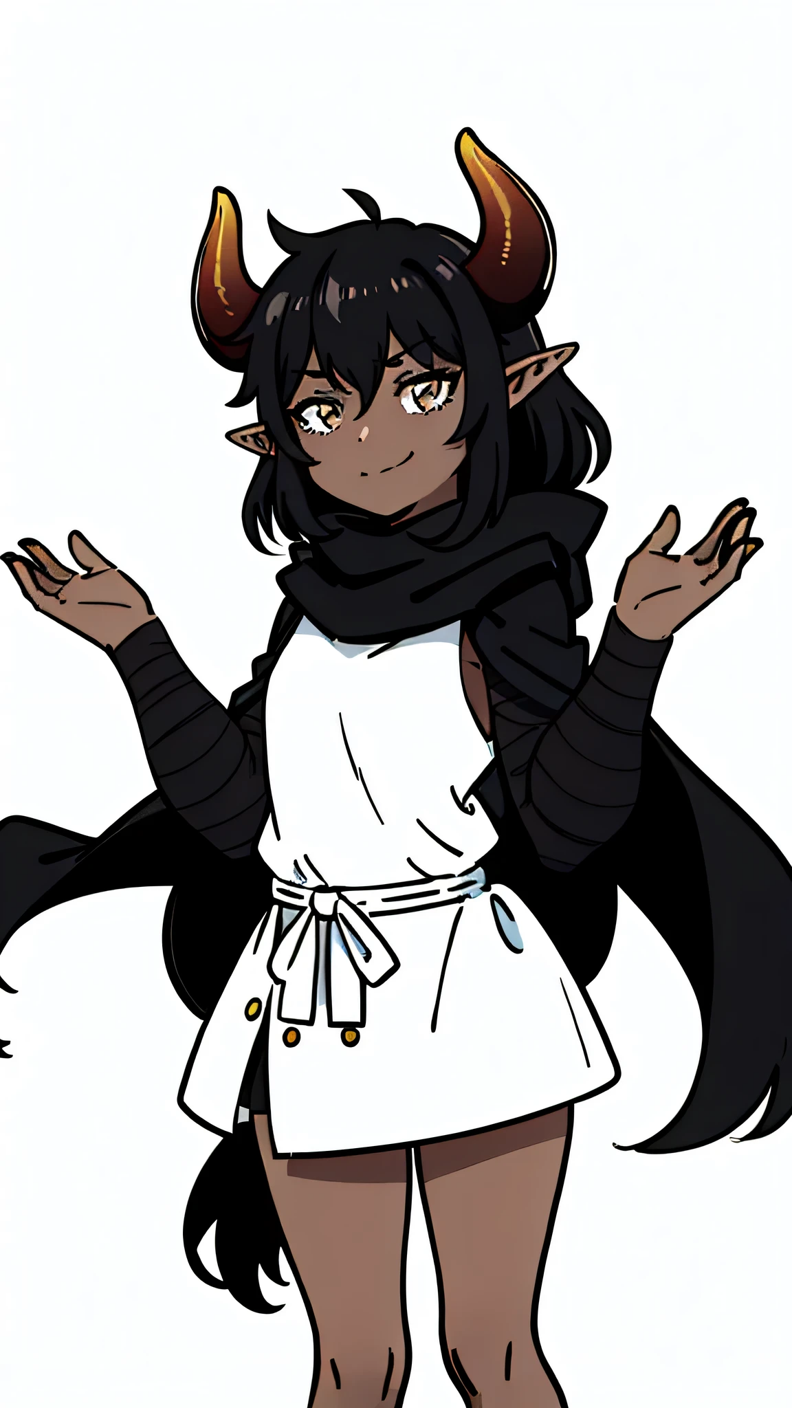 (1girl, solo ,10s, female,small), smile,mocking , long hair, black hair,horns,elf ears,((black scarf)),(((dark skin))),(white background, line drawing),shrugging