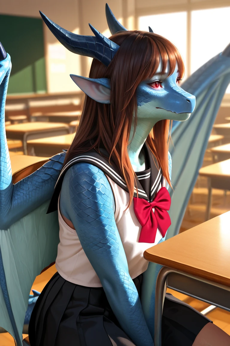 (((solo focus))), sitting desk, presenting_hindquarters, classroom, a beautiful and detailed portrait of a female feral dragon, reptile, scalie, ((cyan body, white skin, tail))), buff, tail, kenket, Ross Tran,ruan jia, trending on artstation,foxovh, cenematic lighting, vip, body, full body, wet, lookin at viewer, small body (((18 years old))), medium breaths, school uniform (((white shirt, cyan skirt, white leg wear, white navy panties))), front view, blue eyes,