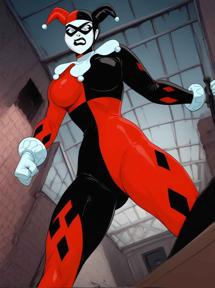 <lora:Harley_Quinn_-_Batman_Animated_Pony_v2:0.9>,  h4rl3yqu1nn, <lora:PONYXL_LewisArt_ownwaifu:0.7>, jester bodysuit, dutch angle, angry, combat stance, fighting, 1girl, interior, gotham city, white facepaint, jester cap, domino mask, blue eyes, black lipstick, large breasts, white gloves, score_9, score_8_up, score_7_up, score_6_up, score_5_up, score_4_up,