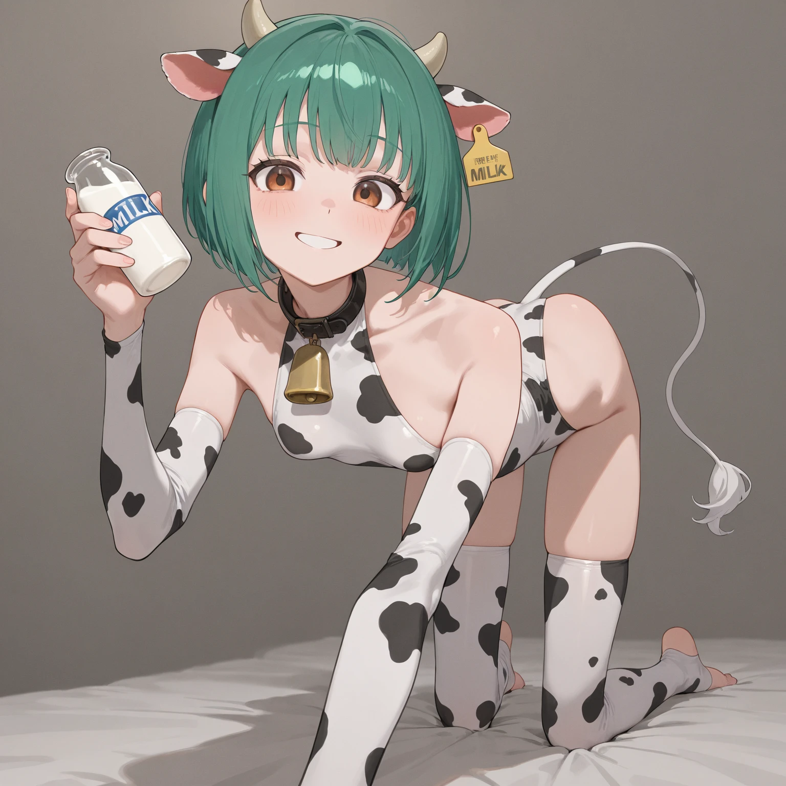 Woman, mommy type, curvy, short hair, serious, no blush, slight sweat, cowgirl, cow-colored bikini, cow-colored stockings on legs, hair band horns, leg on leg, sitting on a couch, private lounge, looking in the camera 