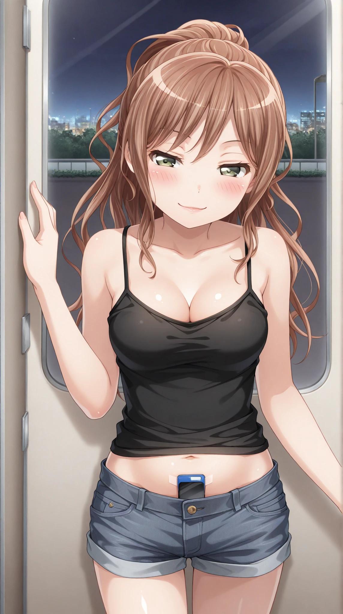 1girl, perfect face, wide hips, narrow waist, solo , KyokoDj, headpones around neck, bangs, brown eyes, long hair,brown hair, seductive smile, mall, shopping center,indoors, blush, lipstick, jewelry, earrings, Hot girl, baddie, mean girl, sensual, attractive, masterpiece,high quality,4k, bare shoulder,belly,crop top,holding pistol,cleavage,casual dress, bar background, inside bar, indoor,smile, open mouth, (nsfw) not safe for work, evil expression, exposed belly, exposed navel, exposed midriff, exposed lower belly, crop top overhang, underboob,jacket, unbuttoned jeans , low rise black jeans, Low rise jeans, Low rise jeans with open fly, navel piercing