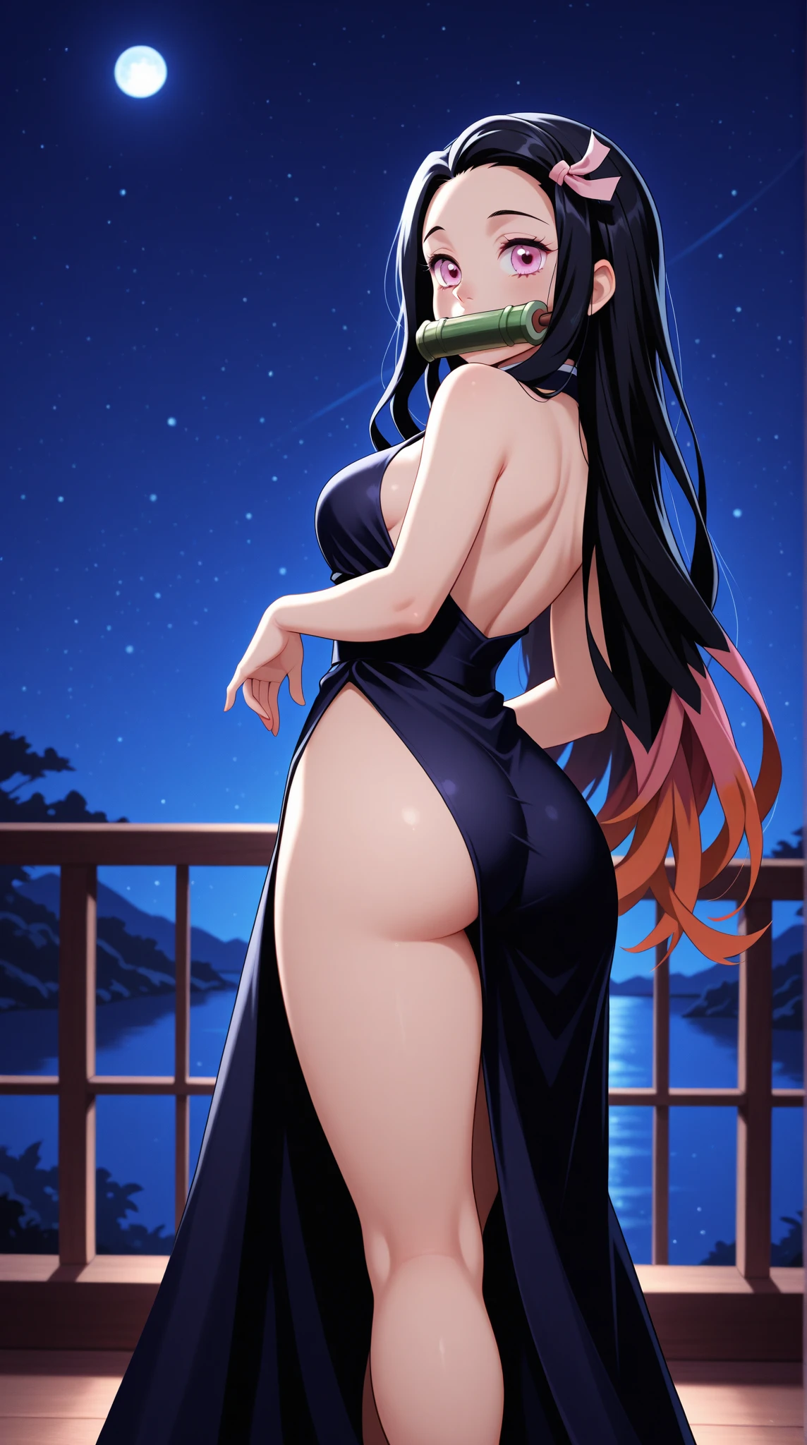 1Naked woman ,hairy vagina walking on top of the sea touching the moon,tan skin wearing red socks,taking full moon light bath! Black pubic hair, golden smilling fishes jumping out of the water.