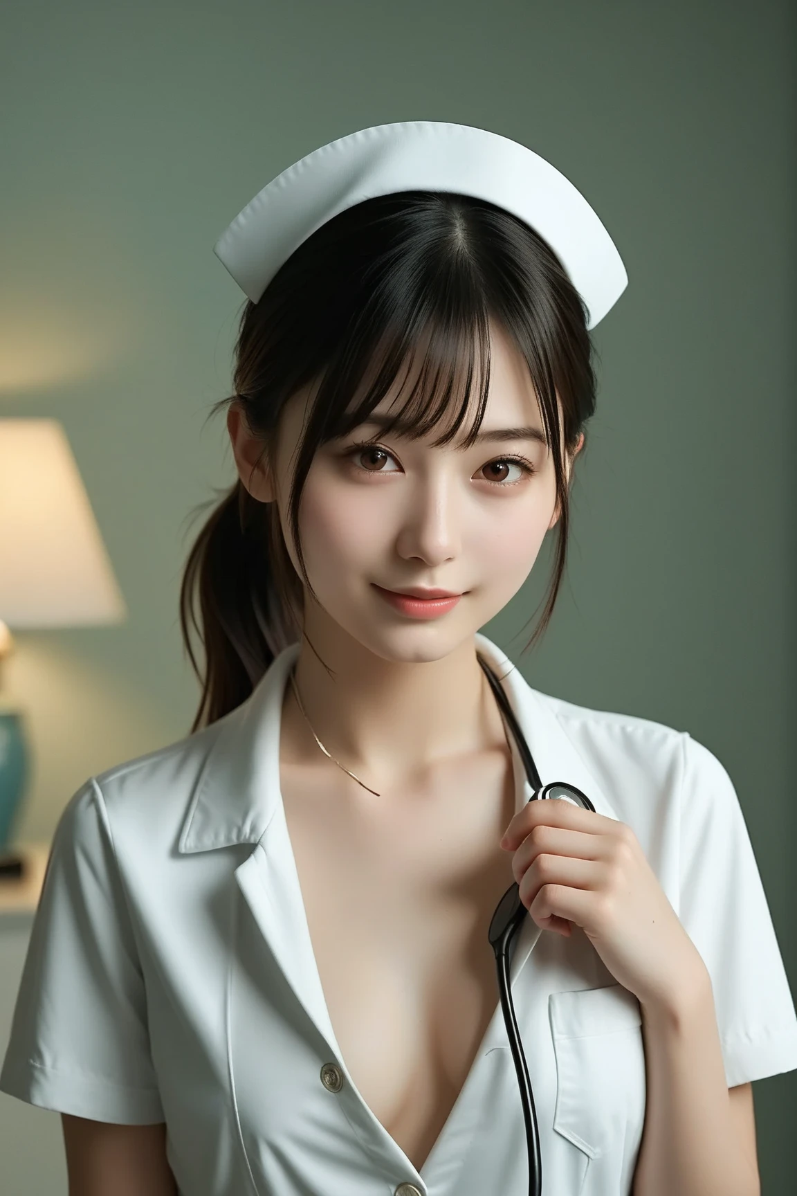 born, 8k, Photorealistic, Highest quality, shape, Detailed painted face, High resolution, 8k wallpaper, perfect dinamic shape, One girl, Beautiful and beautiful eyes, Natural look, Gentle expression, (White nurse uniform:1.4), Natural color lip, Random sexy poses, (Captivating smile:1.2), Erotic feelings, Charming smile, 20-year-old, Big Breasts, (Cleavage:1.3), View your viewers, hospital, examination room at hospital,