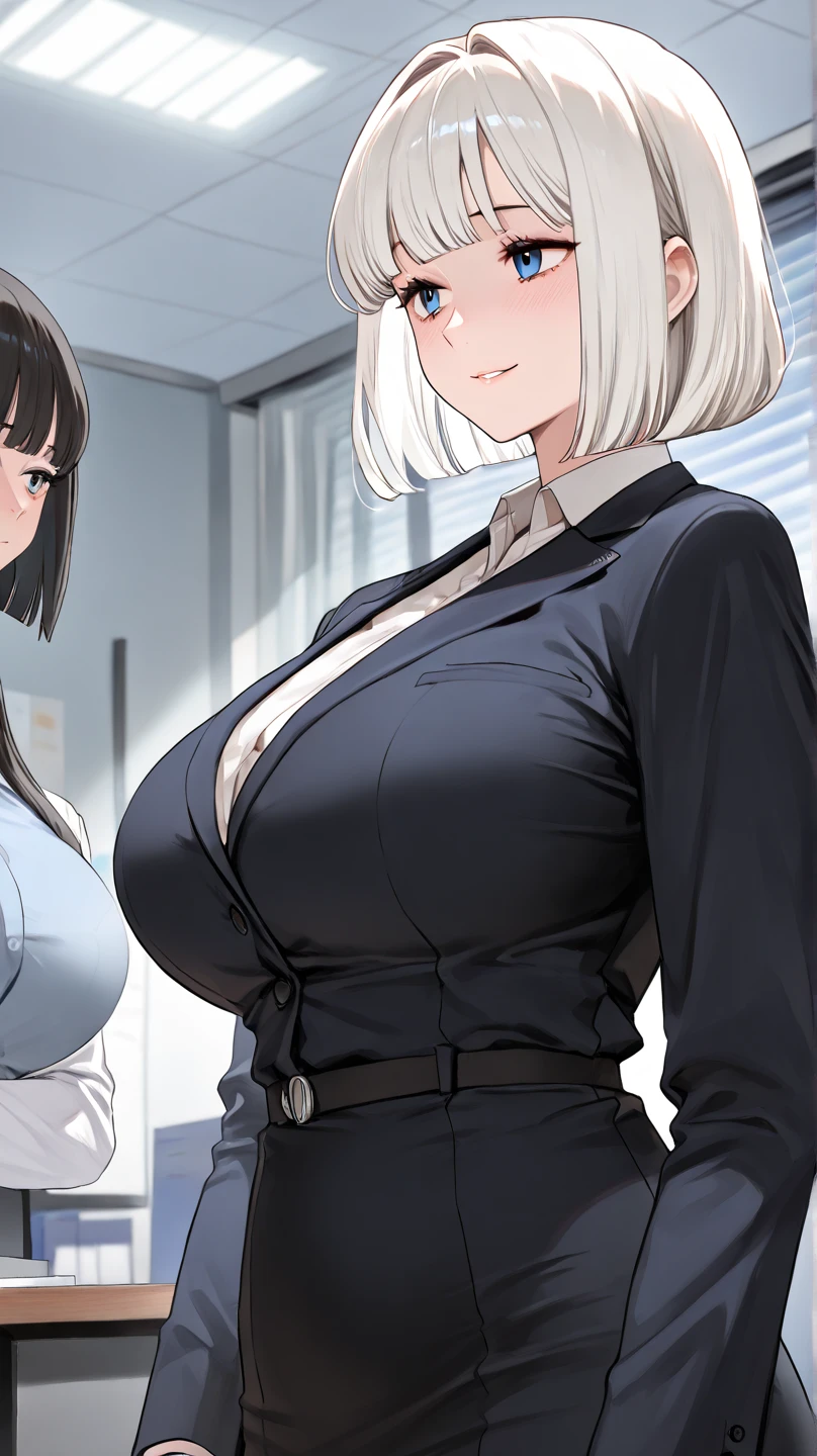 masterpiece, very high quality, High resolution, high quality, Mature Girls, Very long silver hair, High ponytail hairstyles, iris, Very large breasts, beautiful white sweater, Expose your shoulders, Glasses, White jacket, ((Front to bottom)),teacher,Black pantyhose,((stern expression)),((Black coat))