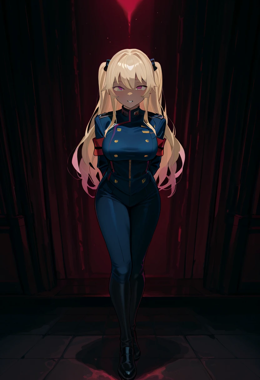 ultra-detailed, Explicit, Beautiful body, Beautiful Nose, Beautiful character design, perfect eyes, perfect face, ultra highres, 4K, beautiful legs, perfect legs, Nice hands, Perfect hand, Masterpiece, Best Quality, Highly detailed, illustration, absurdres, perfect anatomy, street fighter, doll suit, shadaloo doll, dollsuit, expressionless, blank eyes, looking at viewer, red gloves, emotionless, black latex, corruption, mind control, female combatant, full body, hypnotized, unhappy trance, full body suit, ribbed bodysuit, both arms at side, obey, perfect female body, extremely glossy latex, hypnosis, hypnoLora, empty eyes, Mind control device, poses, submissive_pose, Slave, standing straight, standing, standing at attention, hat, necktie, belt, latex, ribbed bodysuit, thigh Highs, garter belt, Fighting Stance, extending the right arm from the shoulder into the air with a straightened hand, military, thigh boots, black pantyhose, (((pixel-perfect, detail-perfect))), solo, 1girl, hair ornaments, long hair, blond hair, purple eyes, yang xiao long, huge breast, punching