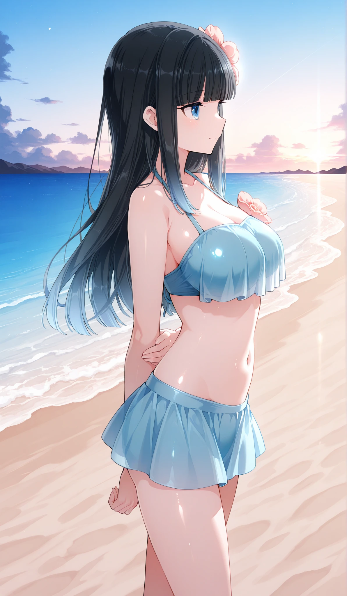 highest quality、Best image quality、masterpiece、beautiful girl、Navy blue long hair、blue eyes、Navy Blue Bikini、Big cleavage、(Big Breasts)、smile、blue necklace、Blue Earrings、background(Beach)、Sexy pose、Please open your mouth wide、Navy Blue Skirt、white headband