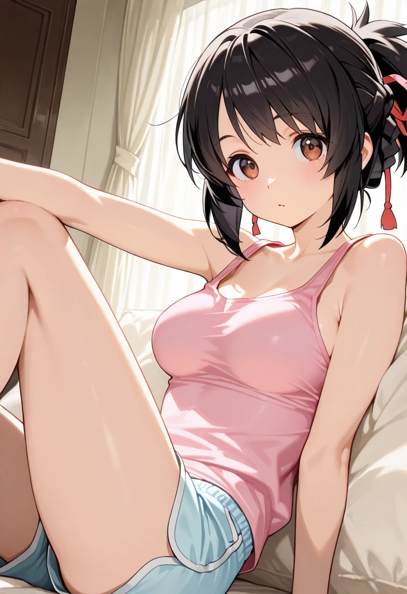 (masterpiece, best quality), 1girl, nsfw, nezuko cosplay, naughty, showing off, natural chest, cleavage, panties, see through, (cum: 1.1), on her knees, taking off her underwear, short colored hair, bra, penis_between_breast