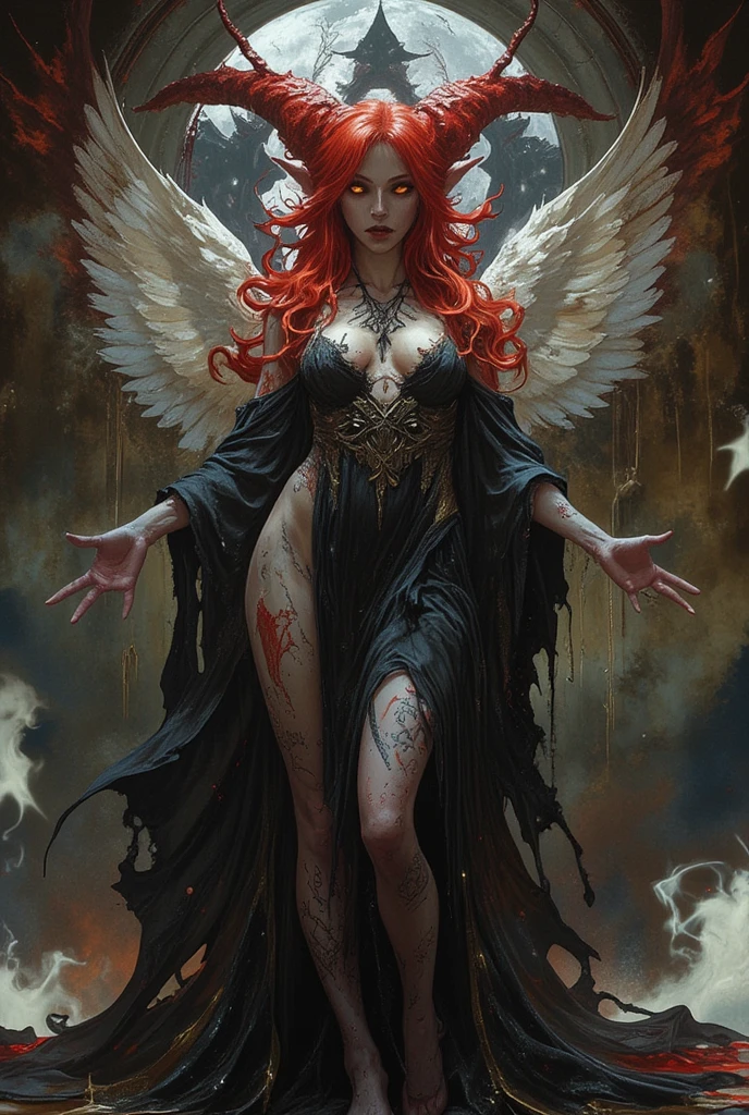 fire empress,long red hair,large body,black latex clothing,sitting on a throne,metal crown,holding a skull in her left hand and a rose in her right hand,angry expression on her face,wings of fire,fire scenery,hand drawing,monochrome illustration,art nouveau,tarot cards