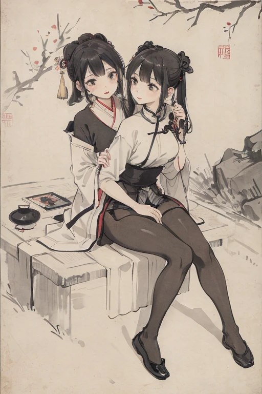 (masterpiece, highest quality: 1.2), Traditional Chinese Ink Painting, Cute busty 22 year old woman, Oversized dresses :1.2, sofa, Highly detailed face, Fine grain, double eyelid, SFW , Long dress, A shy smile, Exotic look