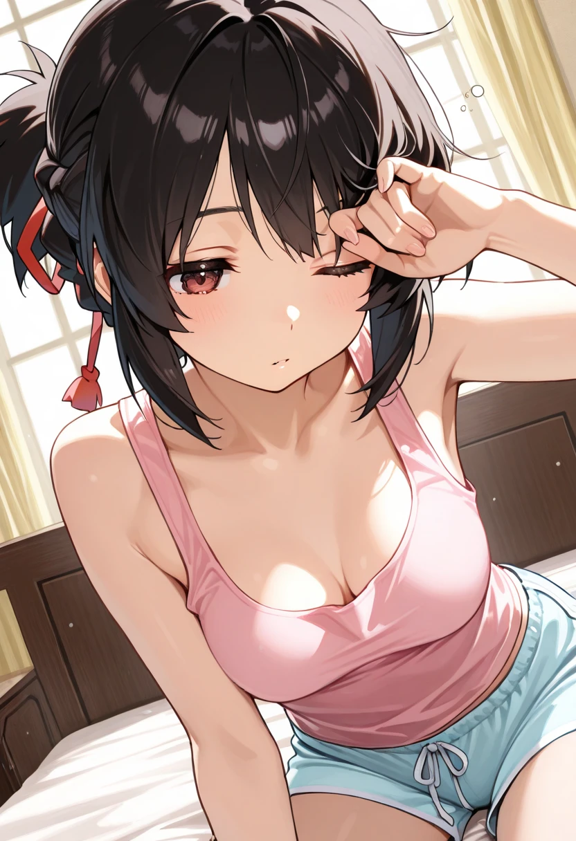 Little sister, cute bra, 8k, highest quality, 14 years old, look at the camera, Red cheeks, uniform, embarrassing, delicate hands, at home, Dear Brother, black hair, bob hair, show off breasts, take off one's clothes,show off breasts, Pose with the chest sticking out, eyes are heart, Full of laughter, , Middle schooler, Open white stockings that clearly show off your legs,,