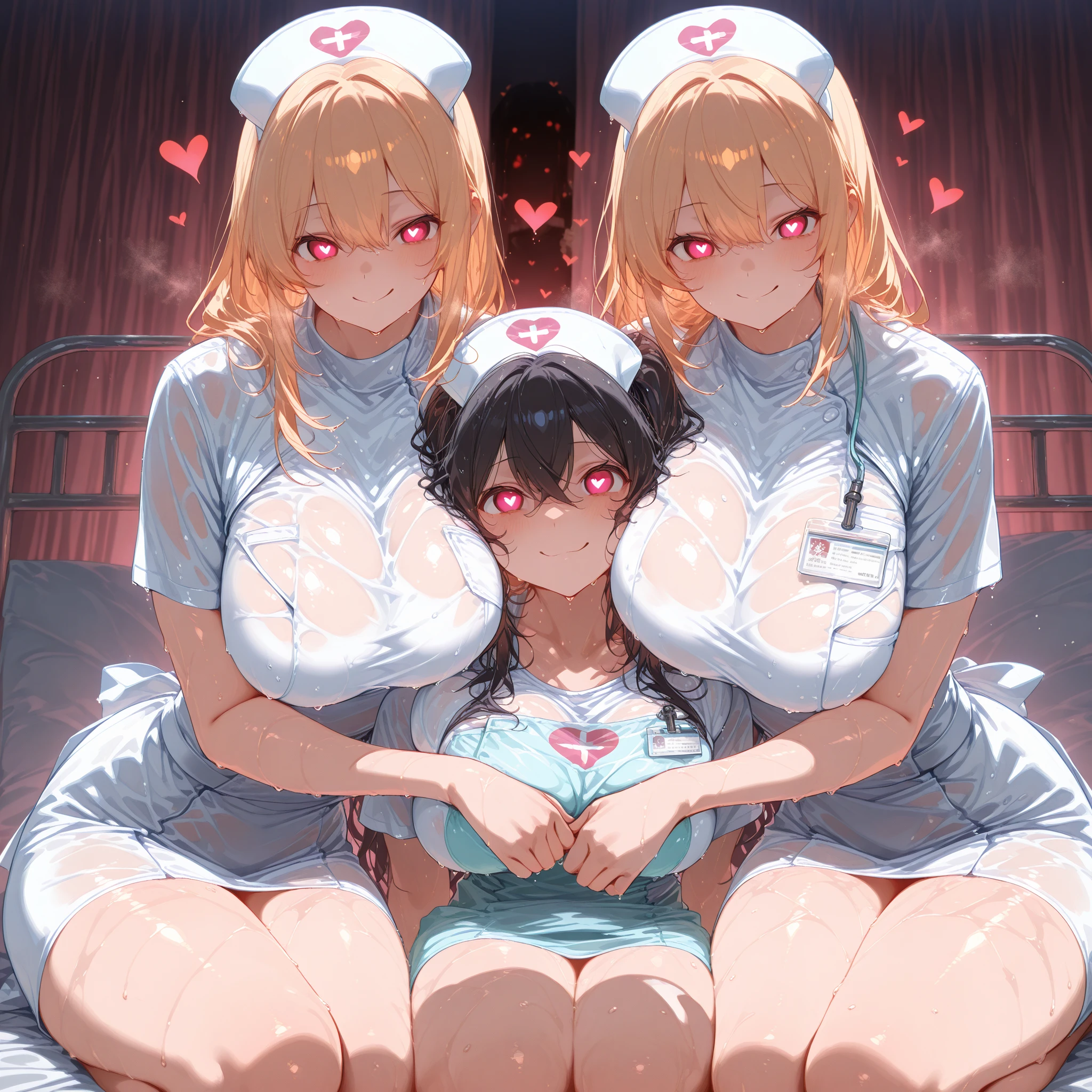 (8K, Highest Quality, Masterpiece:1.3)), Ultra HD, (2 girls, Duo), (Color changing eyes, Ultra detailed, Expressive glow, Sparkling eyes), Highly detailed eyes, Highly detailed face, Random hair, (Silver-gray color), Exposed, Two people side by side, On all fours, Nurse uniform, (Cute panties:1.3), (Ecstatic expression:1.4), White skin, Seductive, Cleavage, Wet panties, Hospital bed