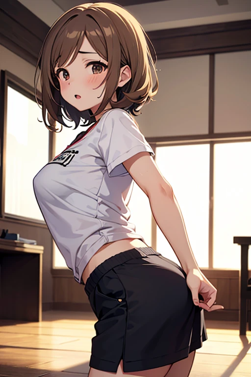 Taeko Kondo、Girls&Panzer、Brown Hair、Short Hair、((Bike Pants))、Photo from below、Medium chest、Bedroom、(Gym clothes with short sleeves)、Red ribbon、Black knee-high socks、Checkered mini skirt、Black Bra