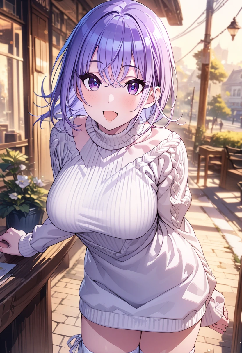 masterpiece, best quality, 1girl, breasts, solo, purple hair, purple eyes, open mouth, hair ornament, smile, scarf, petals, hairclip, large breasts, skirt, cherry blossoms, looking at viewer, short hair, :d, emblem, window, blush, hair between eyes, school uniform<lora:kuroudo_senran kagura-000012:1>